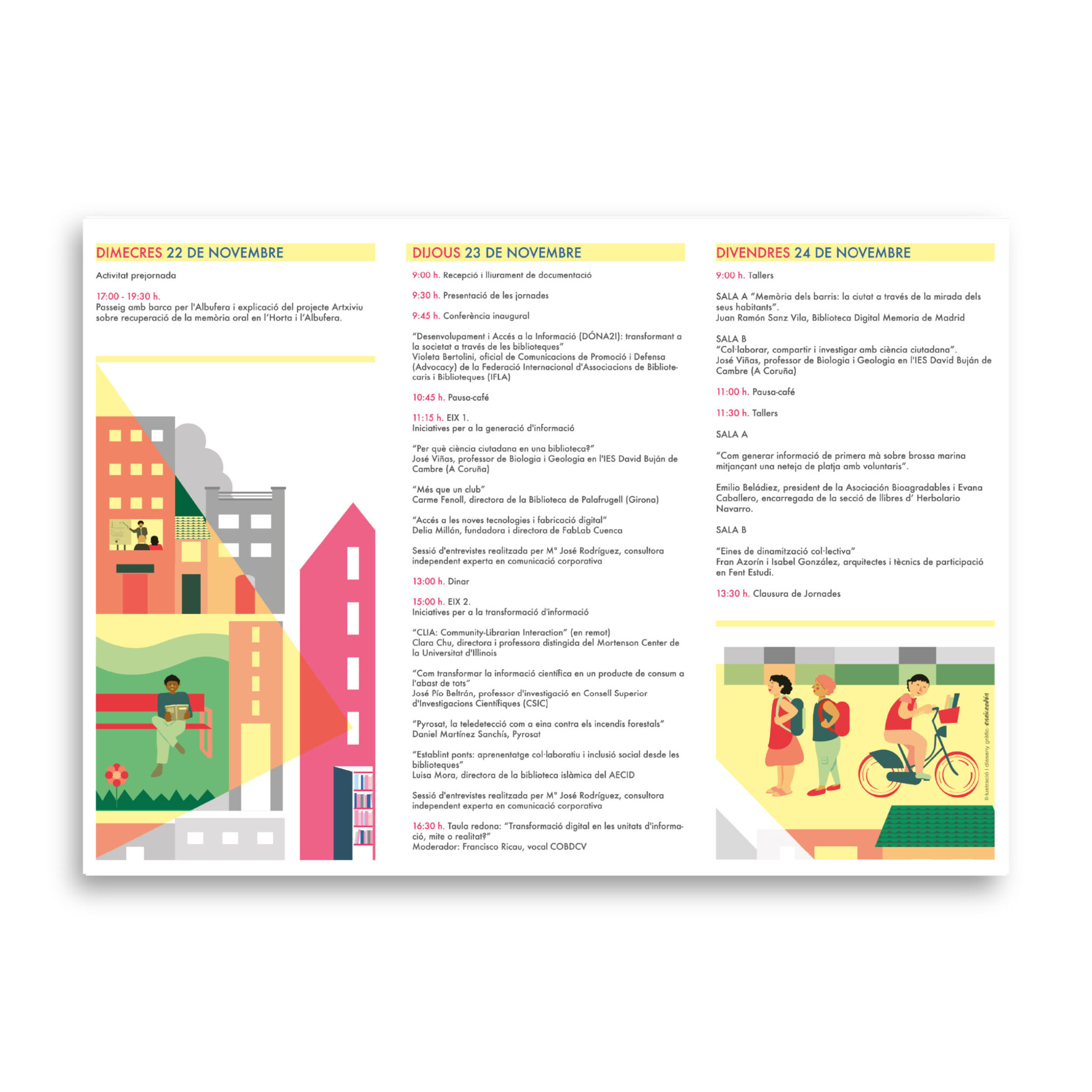Three-day conference schedule with colorful city illustrations