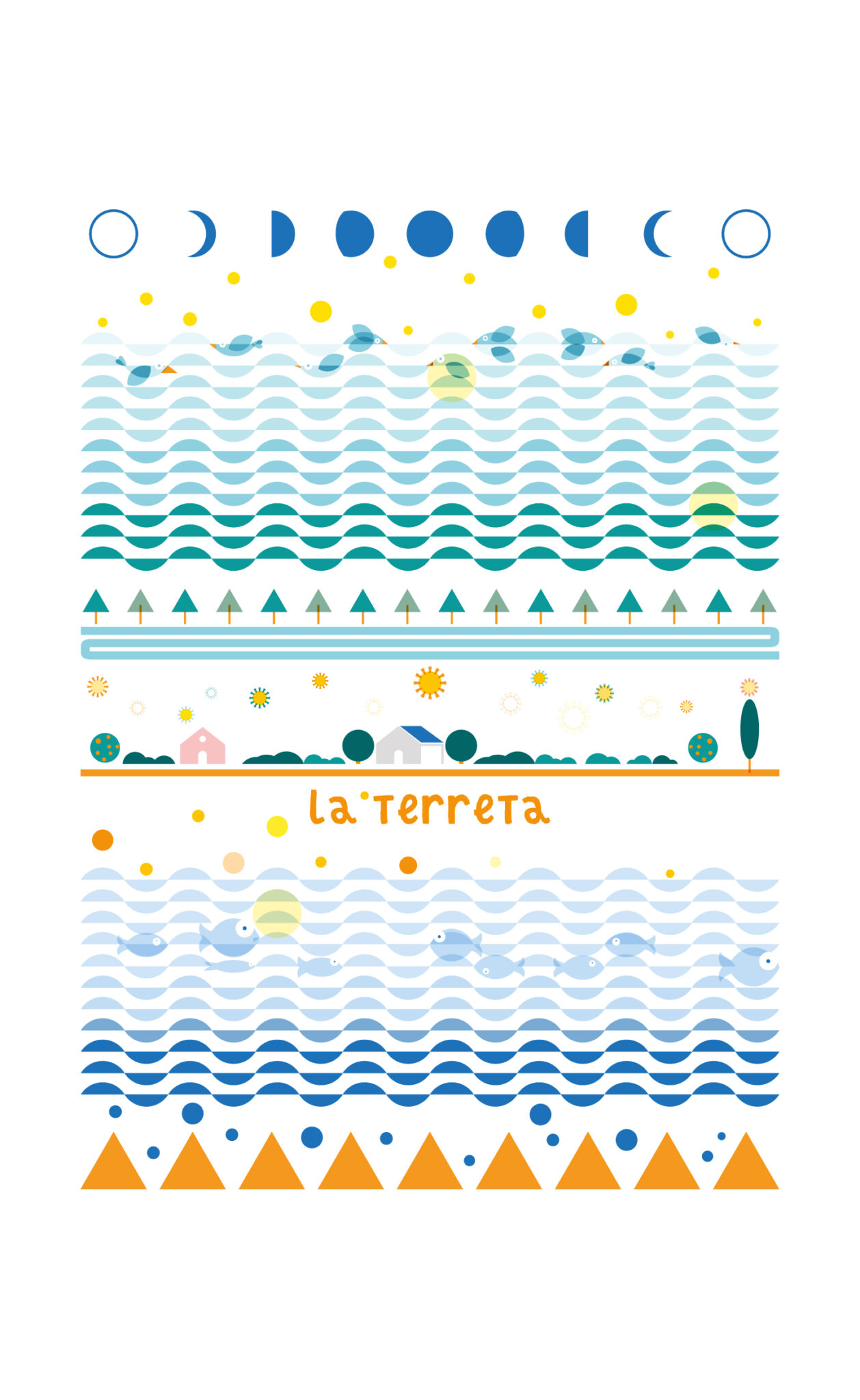 Colorful ocean waves, fish, moon phases, La Terreta