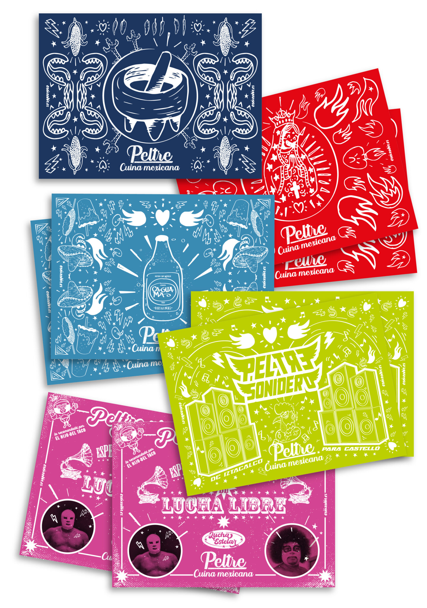 Colorful illustrated posters for Peltre Mexican restaurant