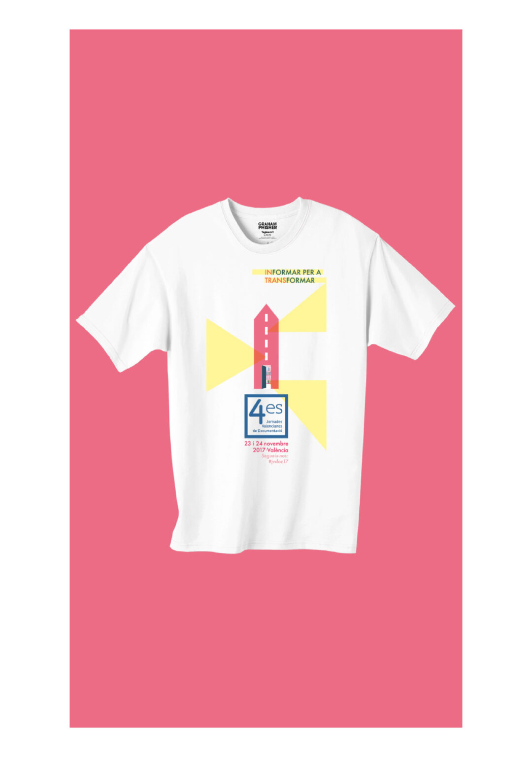 White T-shirt with colorful geometric event graphic