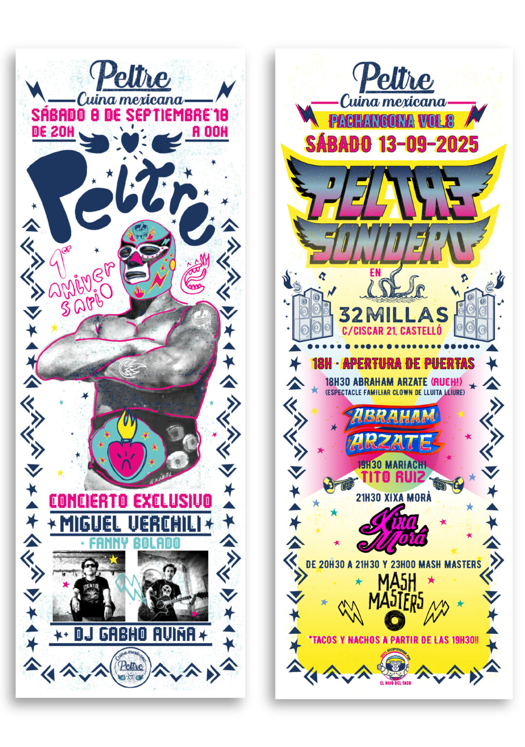 Colorful Mexican music event posters with luchador illustration