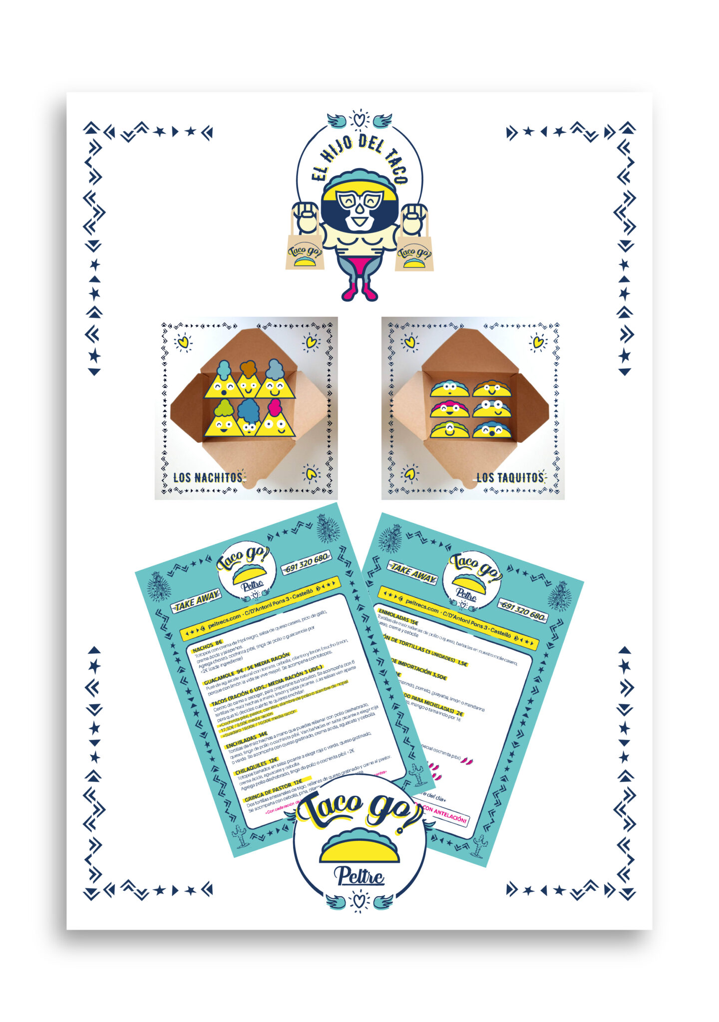 Colorful Mexican taco restaurant branding and menu design