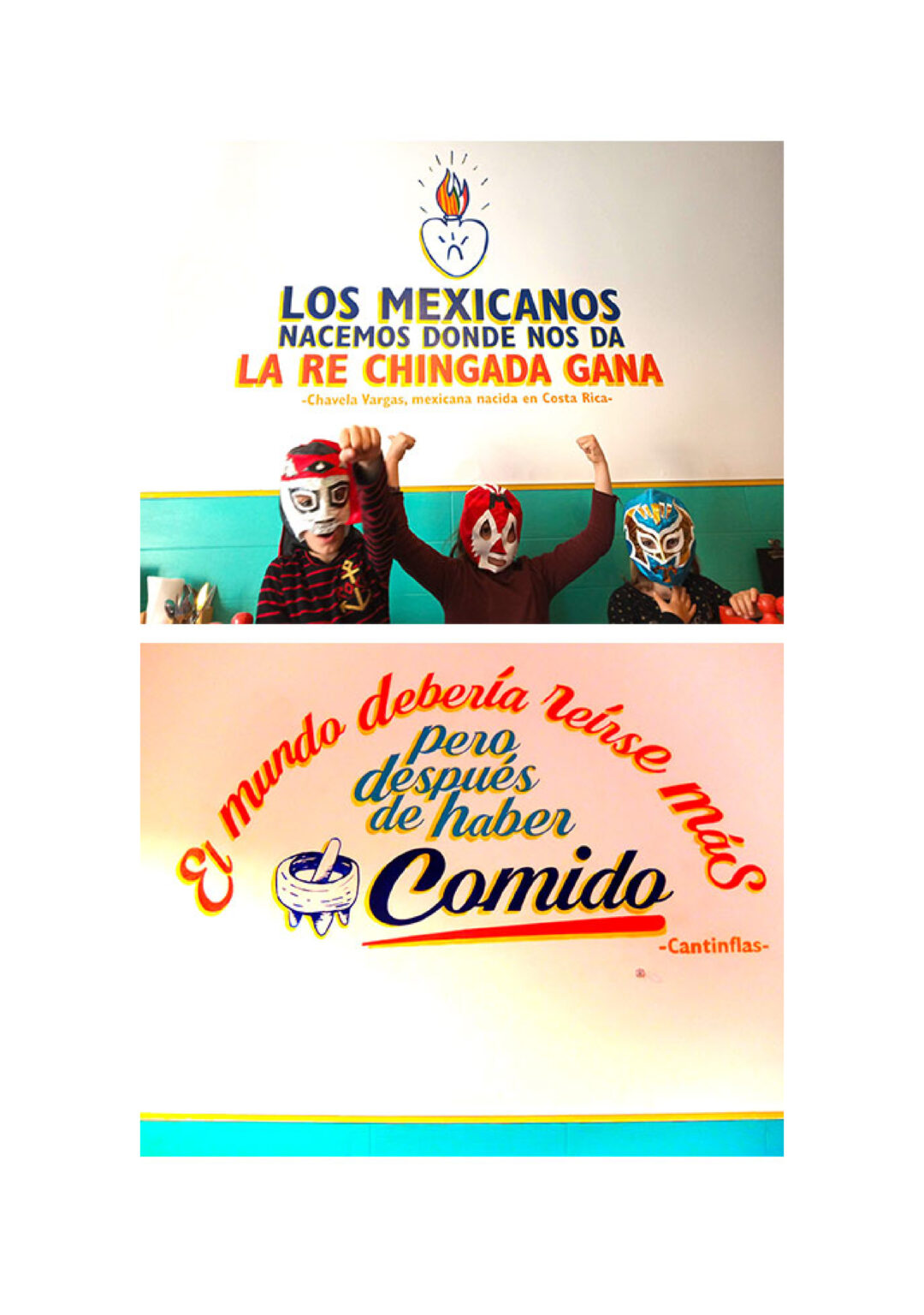 Children in lucha masks beneath colorful Mexican quotes