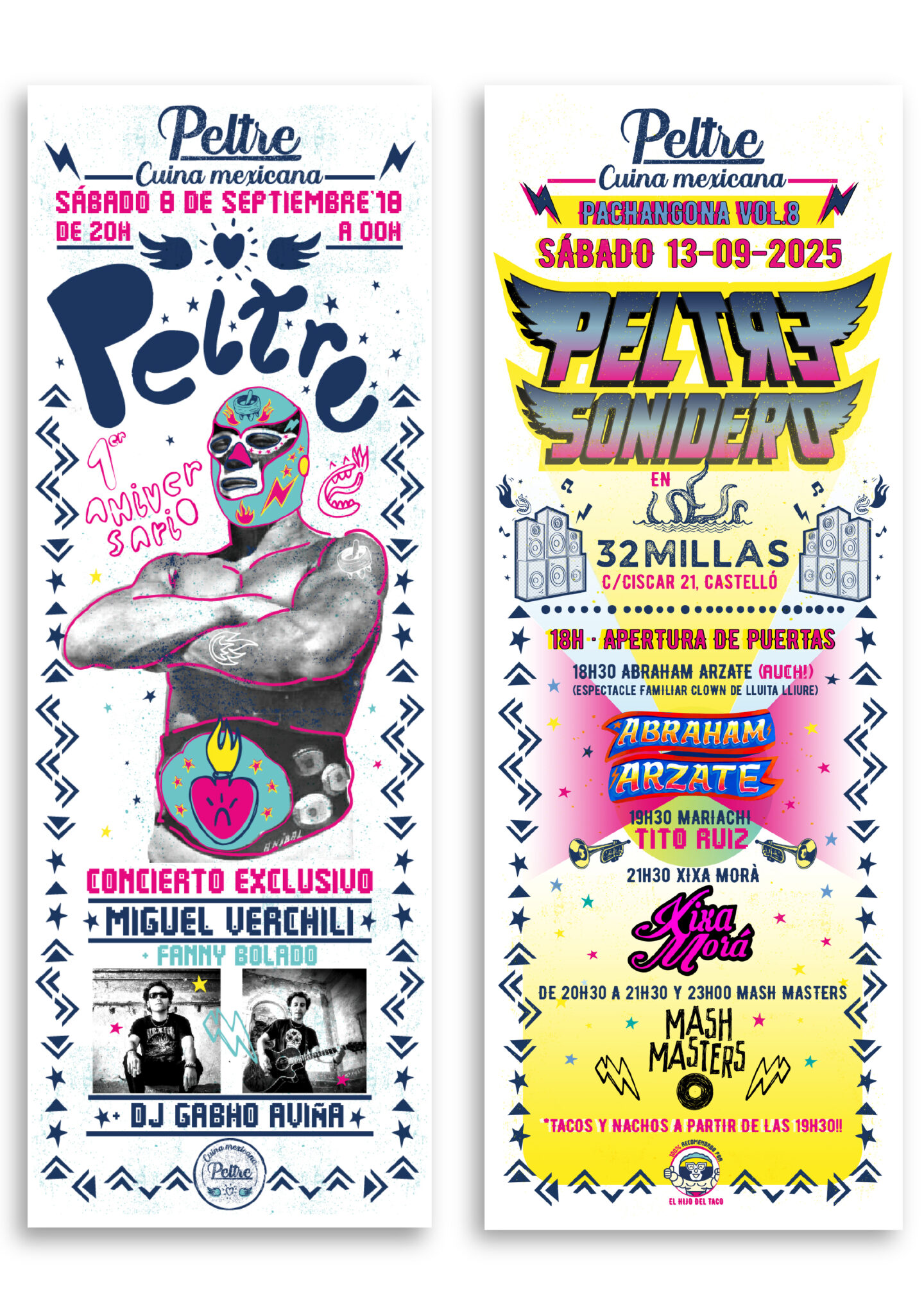 Colorful Mexican music event posters with luchador illustration