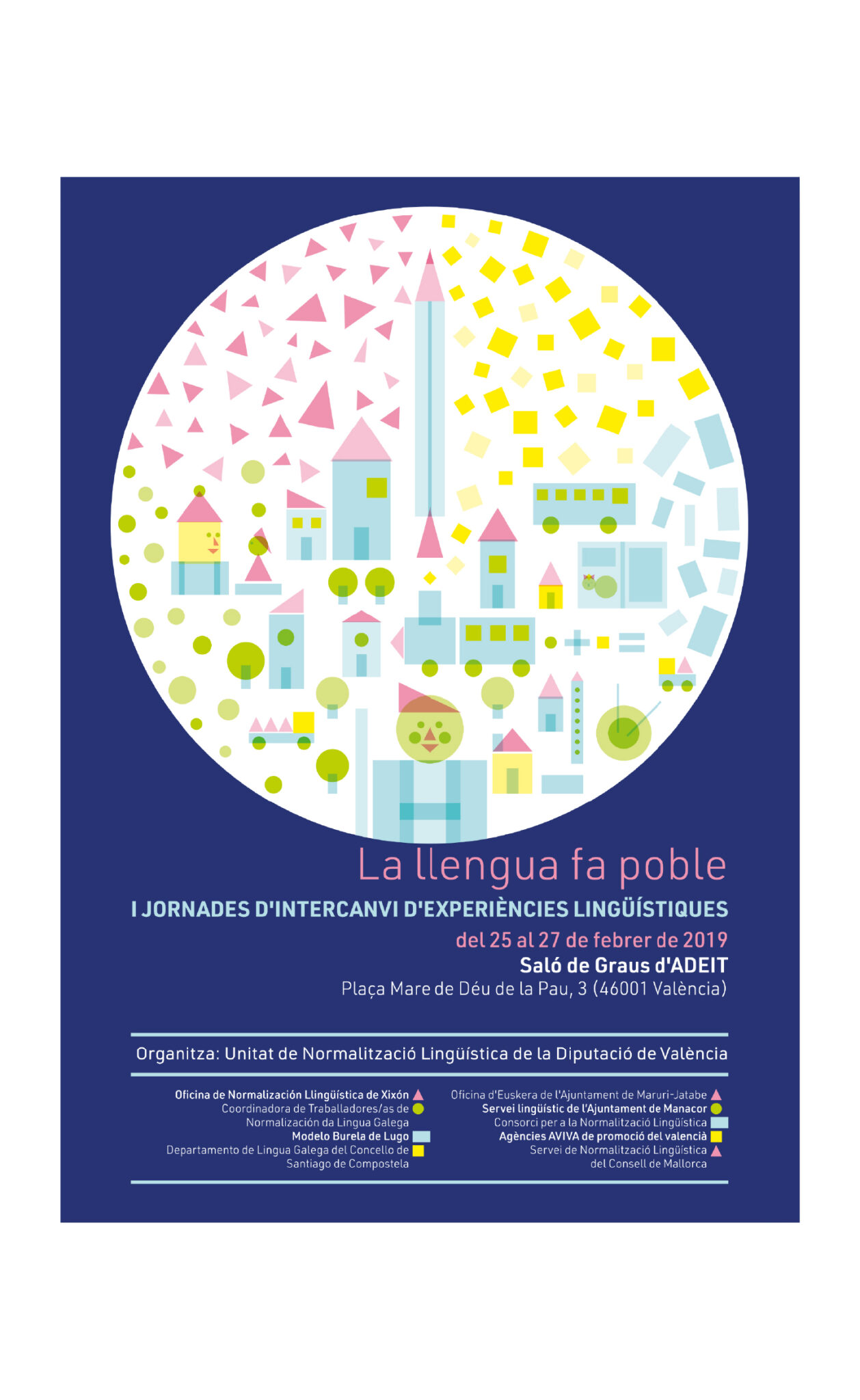 Poster for Valencian linguistic conference with town illustration