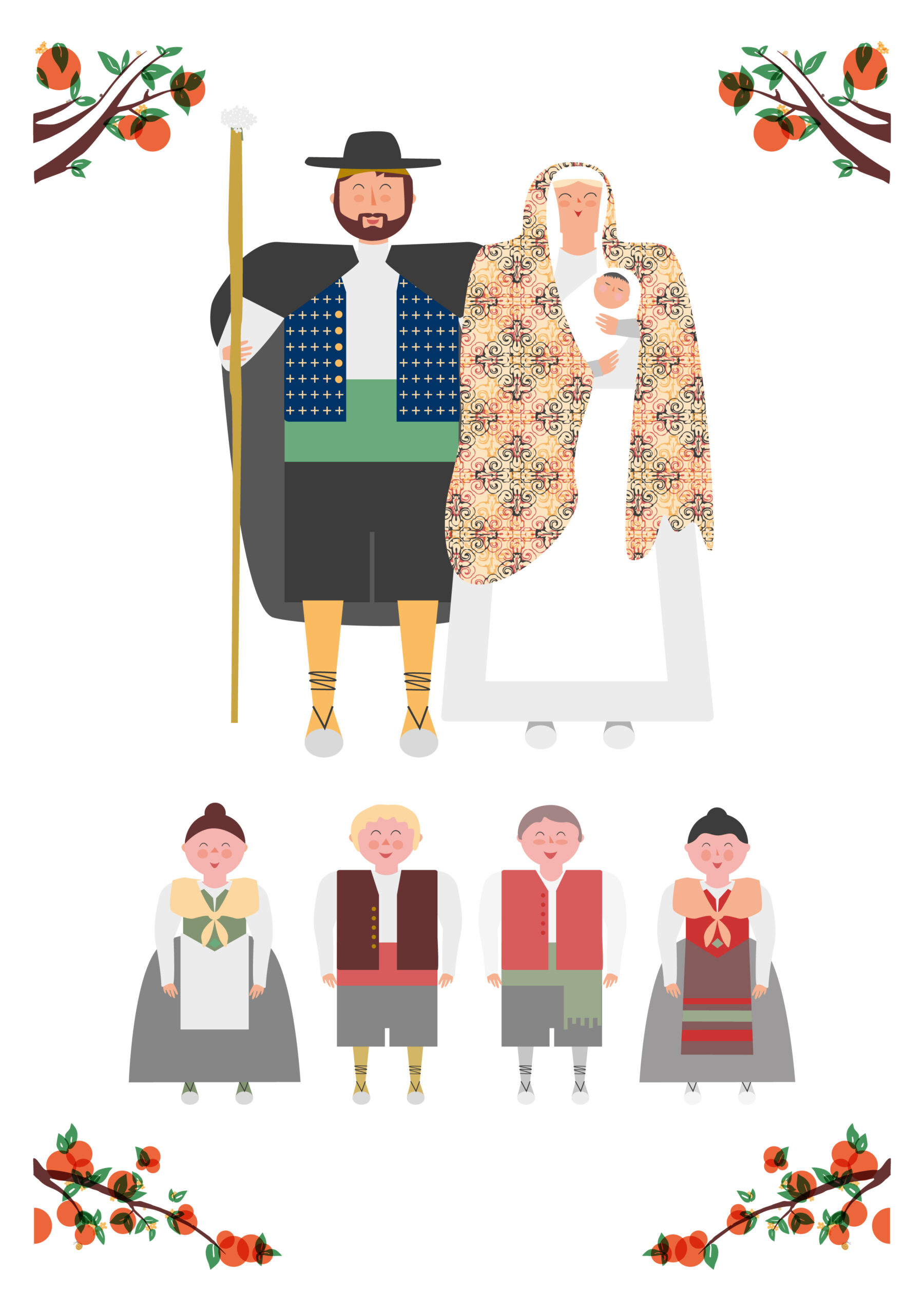 Illustrated family in traditional folk costumes with oranges