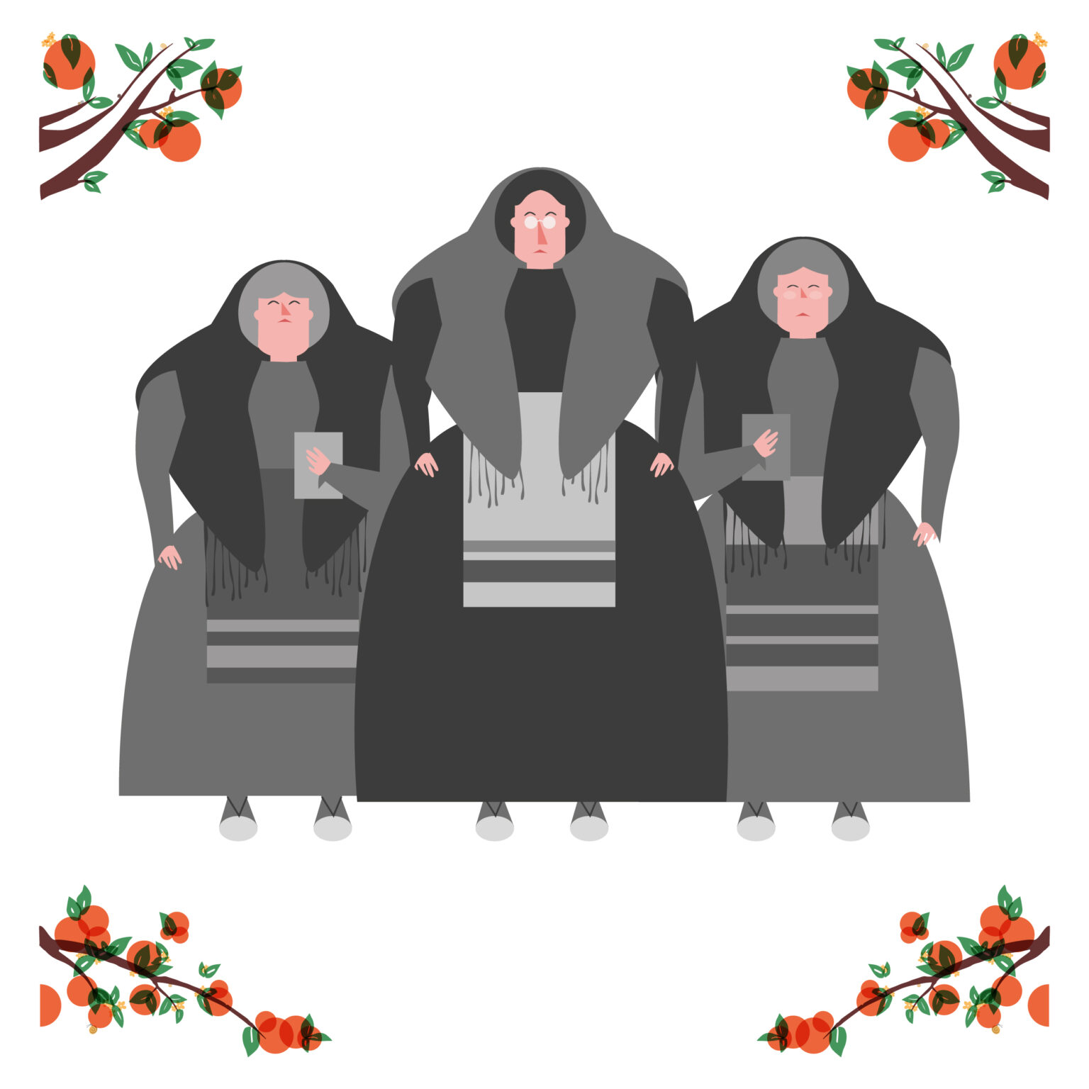 Three women in traditional dress with orange branches