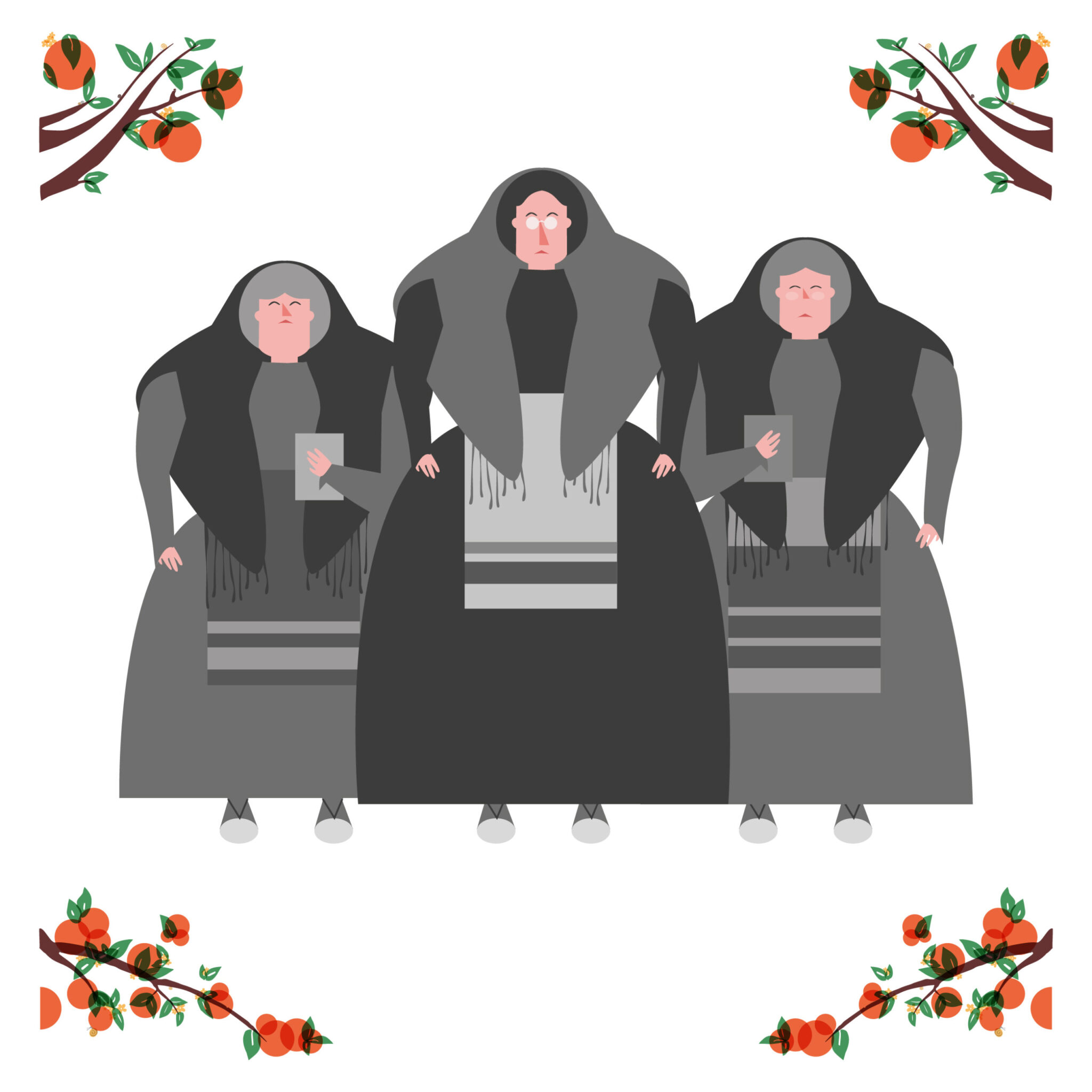 Three women in traditional dress with orange branches