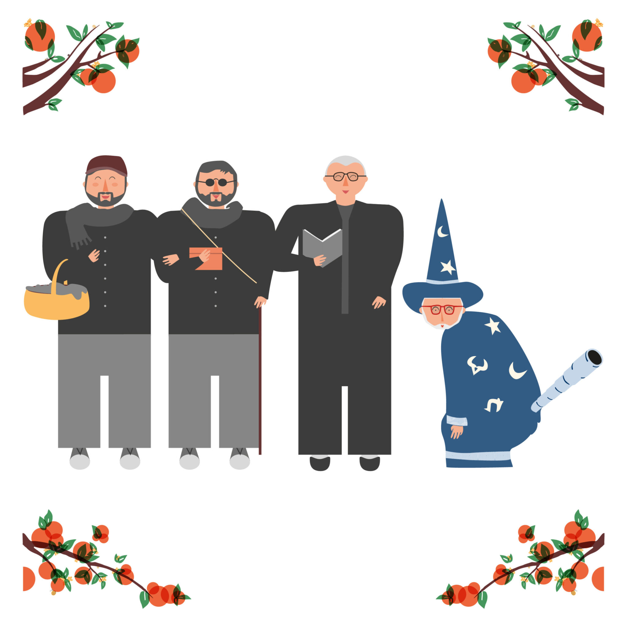 Illustrated monks and wizard under orange branches
