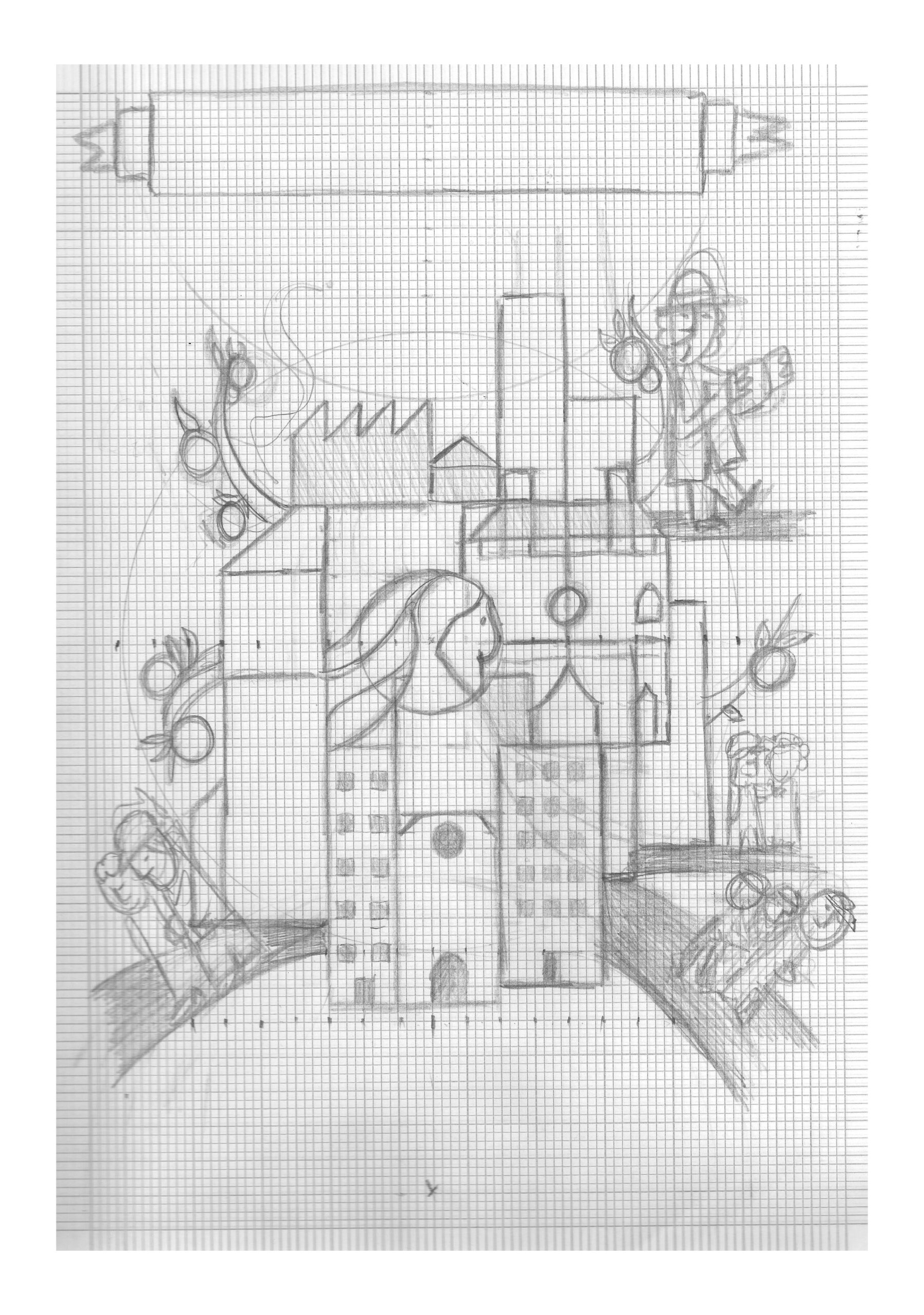 Pencil sketch of castle with characters on graph paper