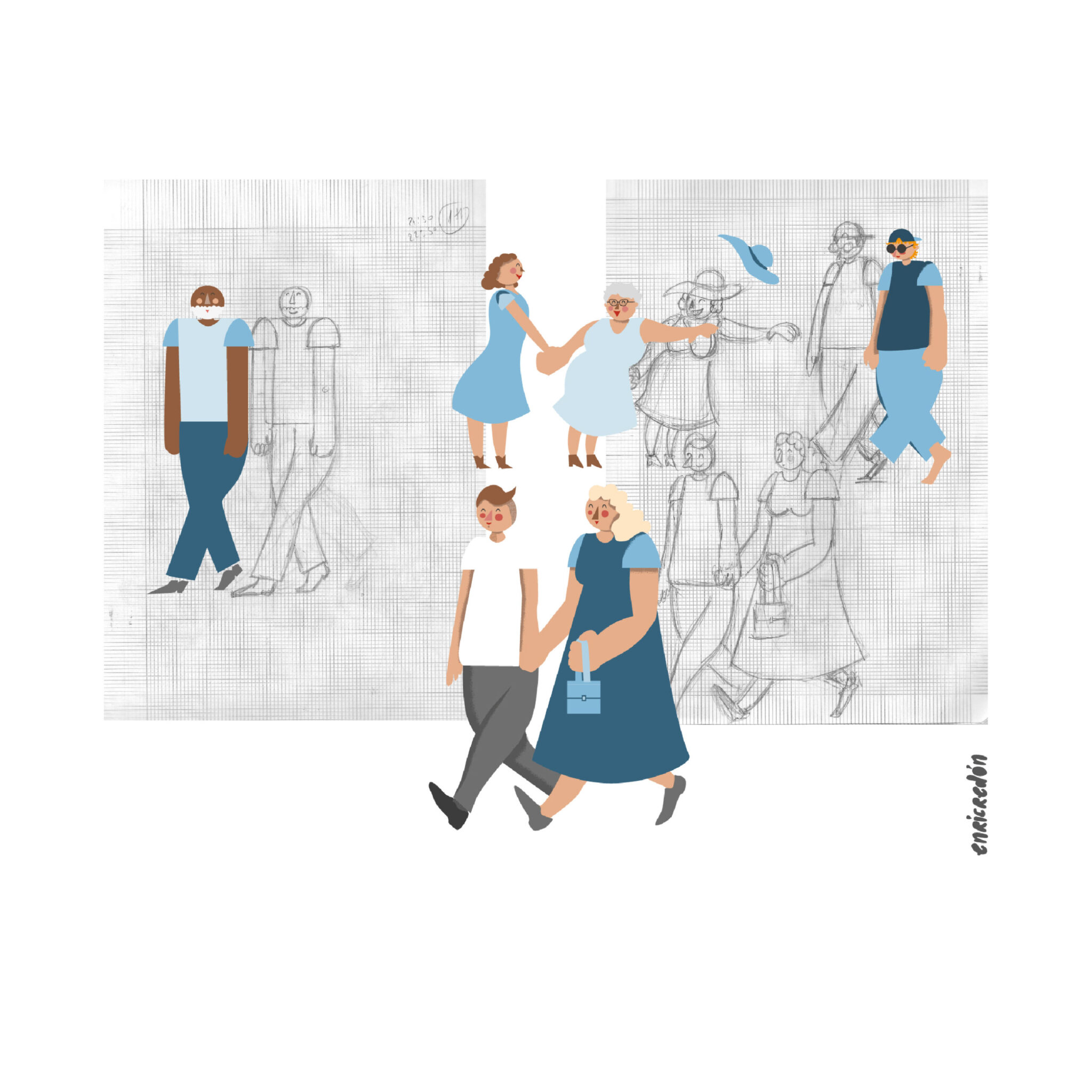 Stylized cartoon people walking over sketch grid background