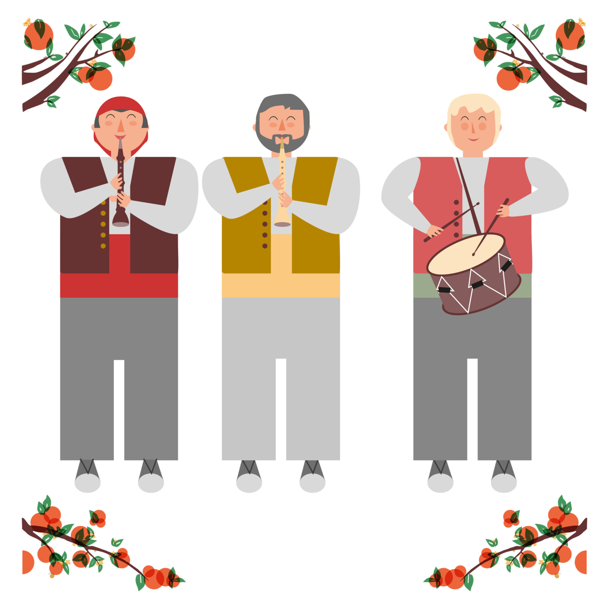 Three folk musicians playing instruments with orange branches