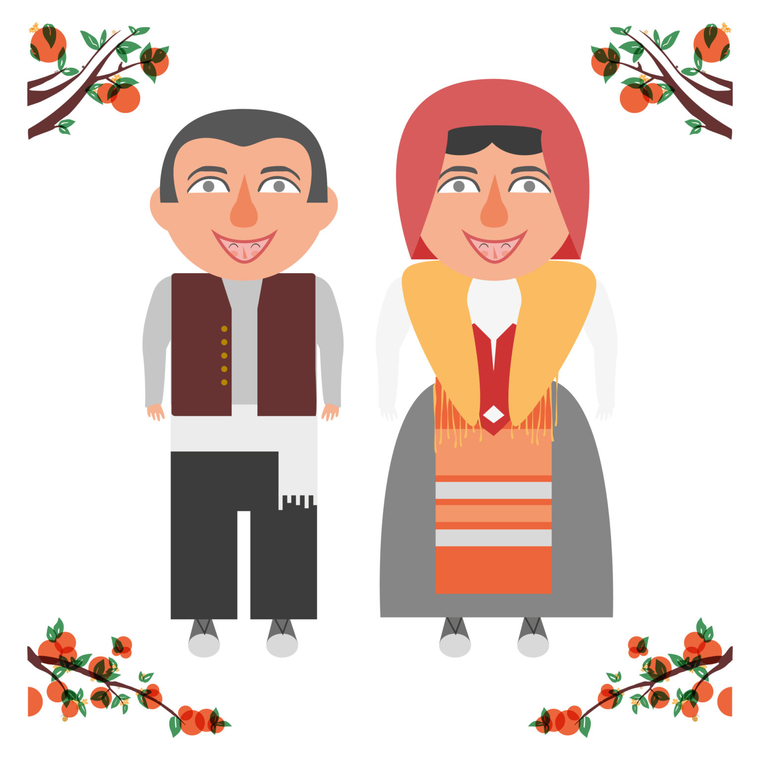 Illustrated couple in traditional attire with orange branches