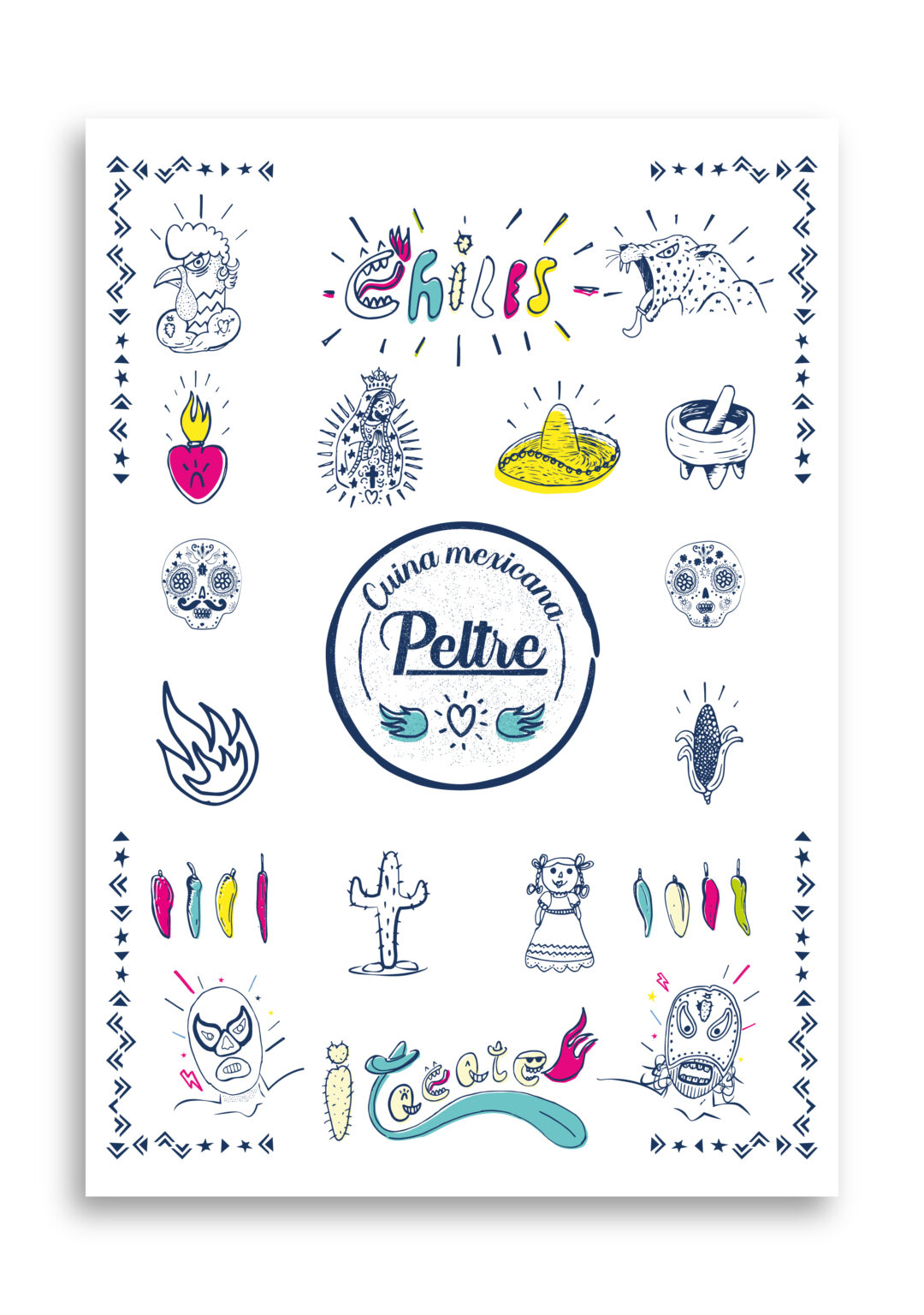 Illustrated Mexican cuisine poster with chiles and skulls