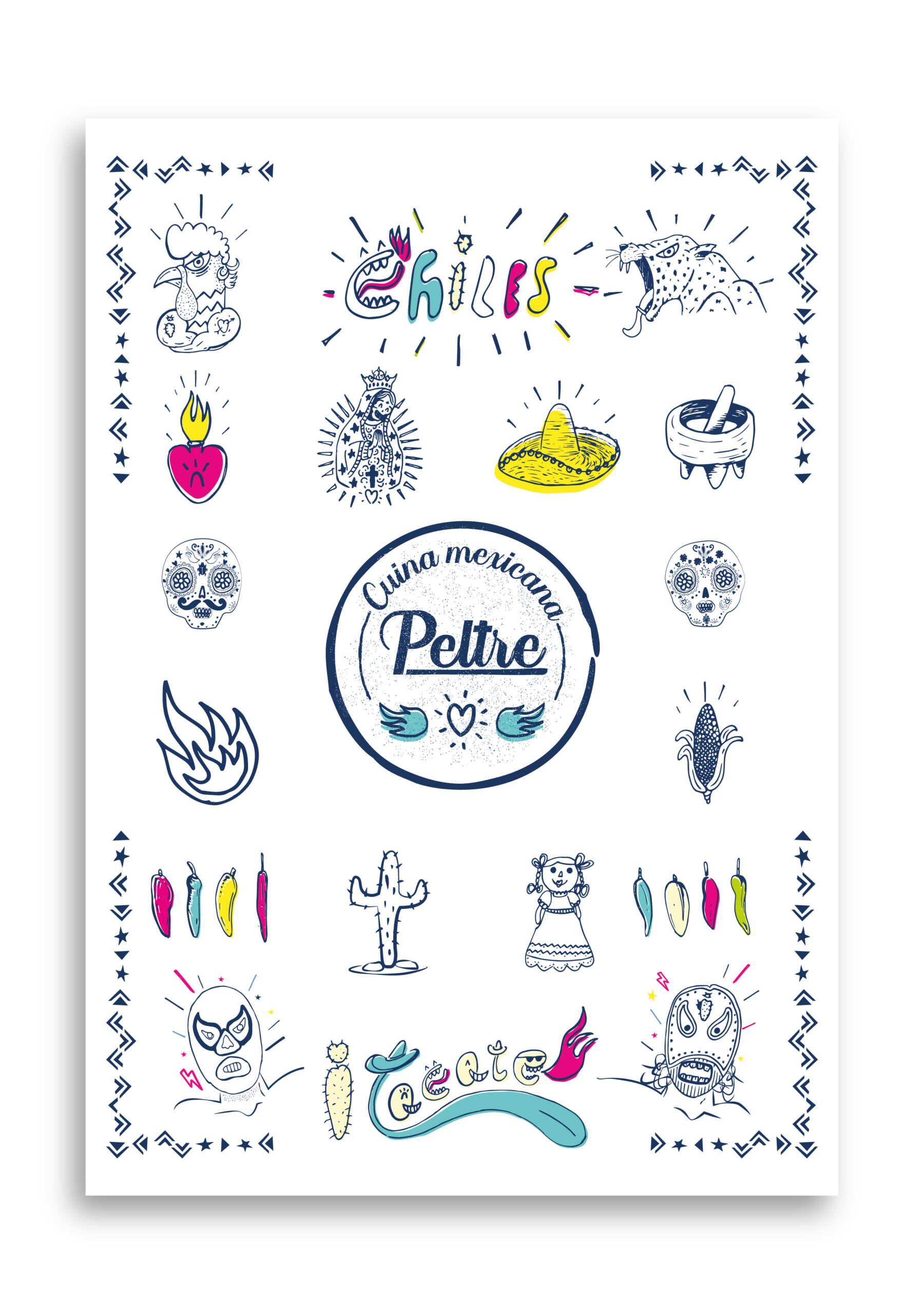 Illustrated Mexican cuisine poster with chiles and skulls