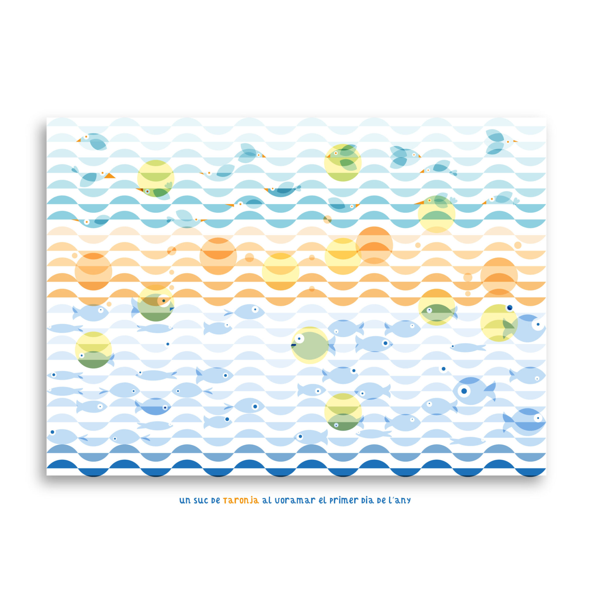 Stylized ocean waves with birds and fish illustration