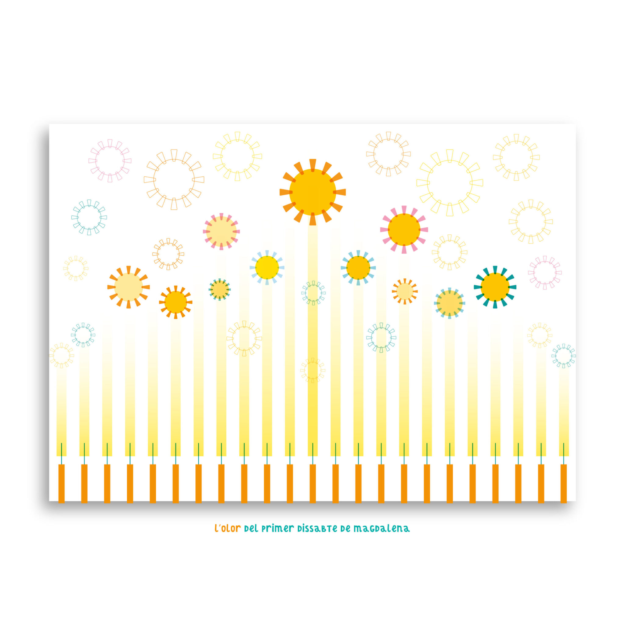 Colorful stylized suns on tall yellow stems poster