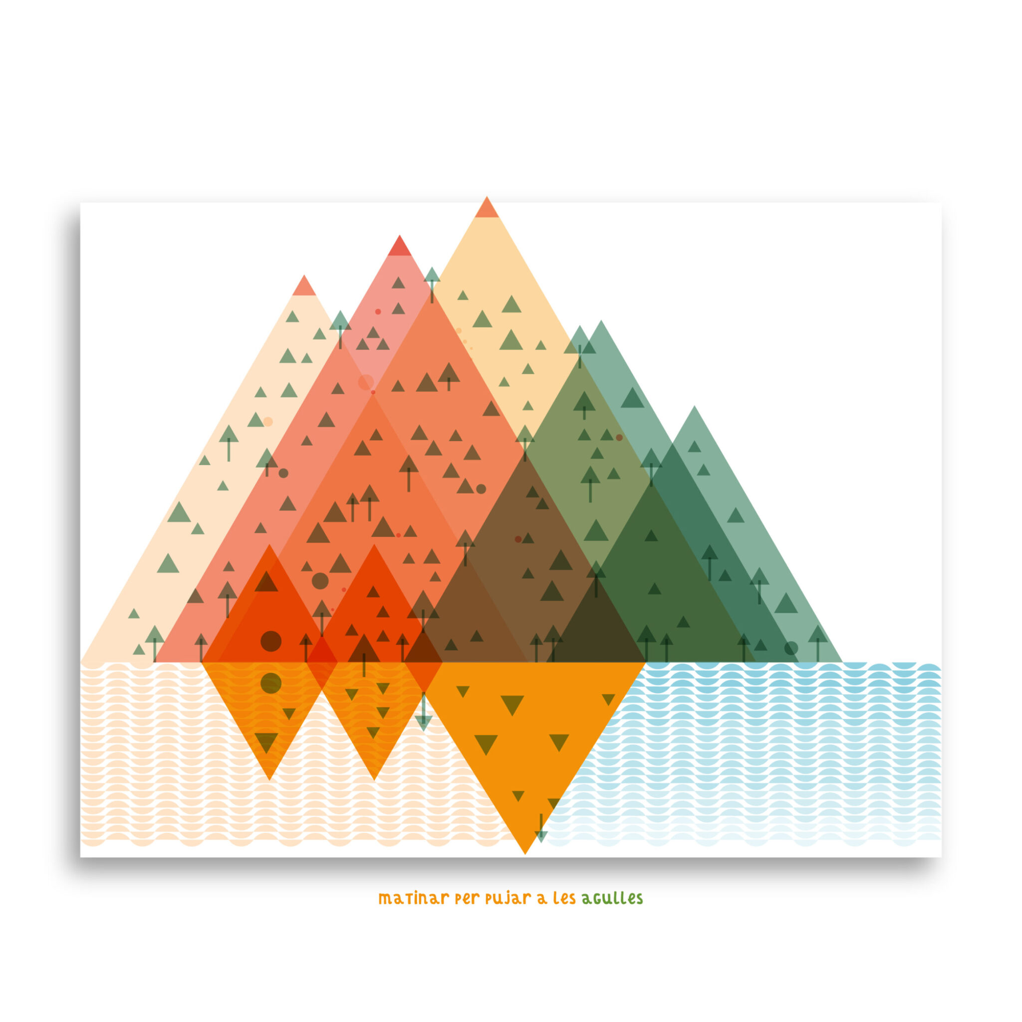Colorful geometric mountains with trees and reflection