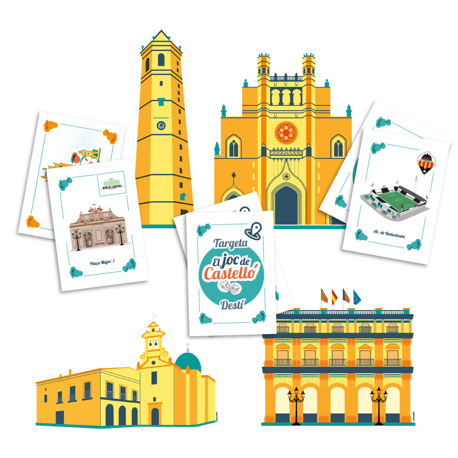 Illustrated Castelló landmarks and city game cards