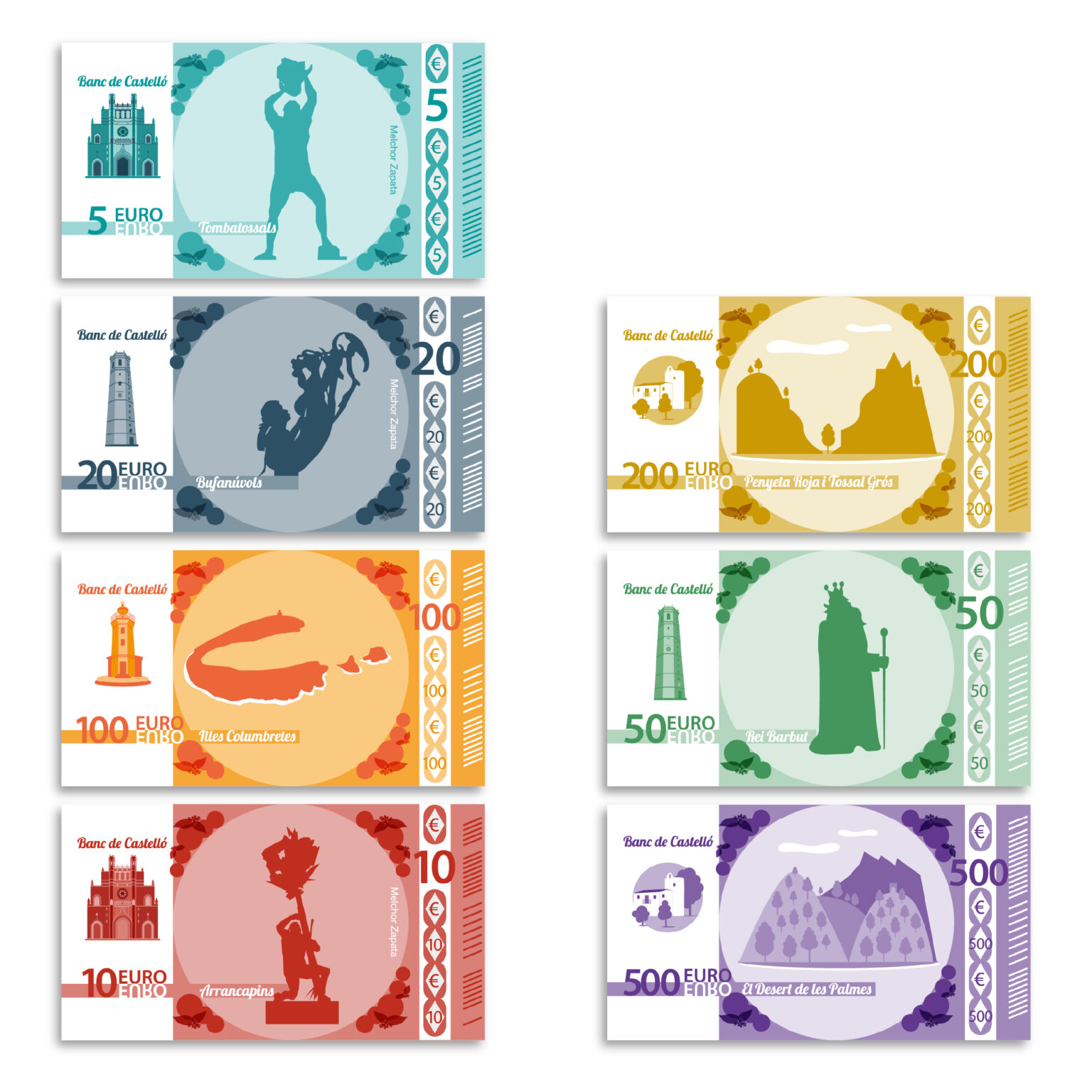 Colorful illustrated euro banknotes with local landmarks