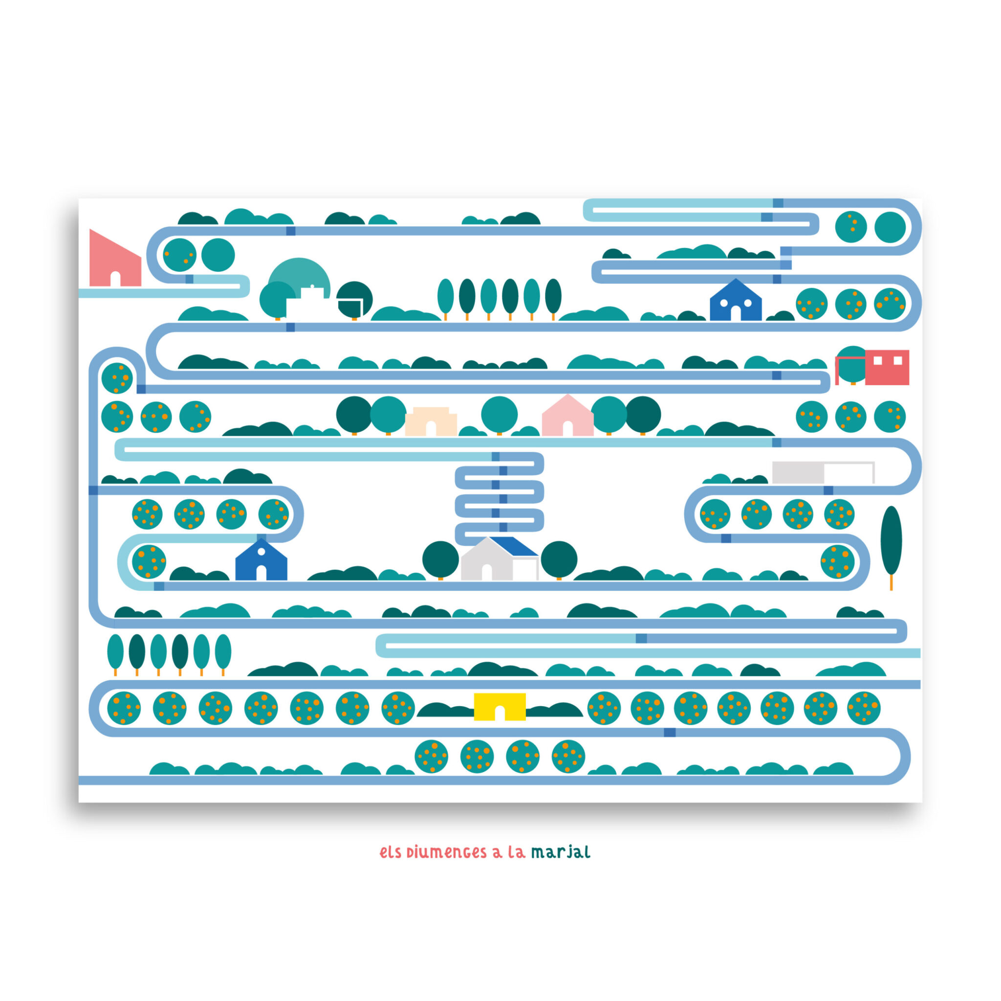 Colorful illustrated winding roads through village landscape