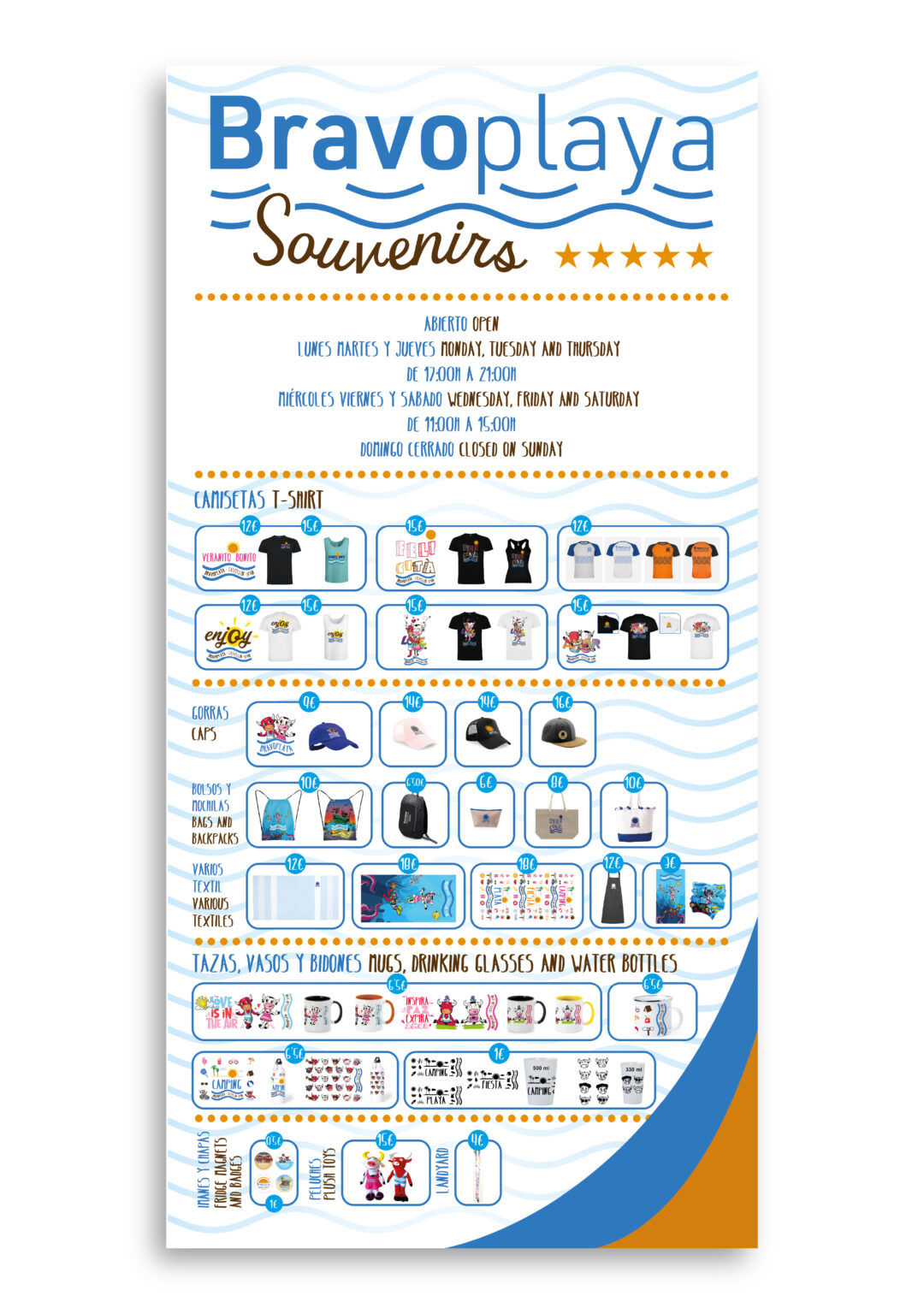 Bravoplaya Souvenirs poster with products and prices
