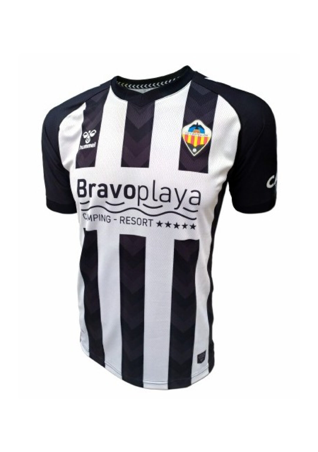 Black and white striped soccer jersey with sponsor logo