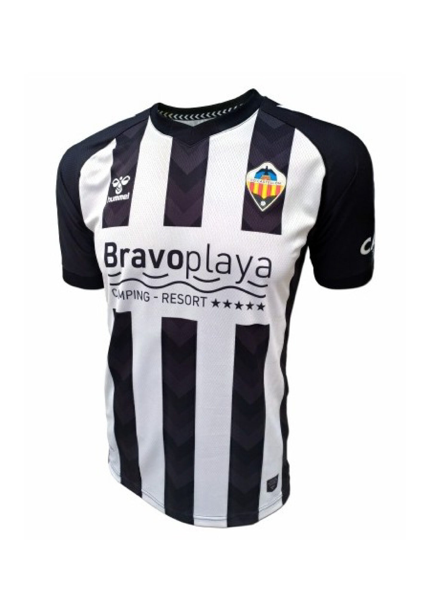 Black and white striped soccer jersey with sponsor logo