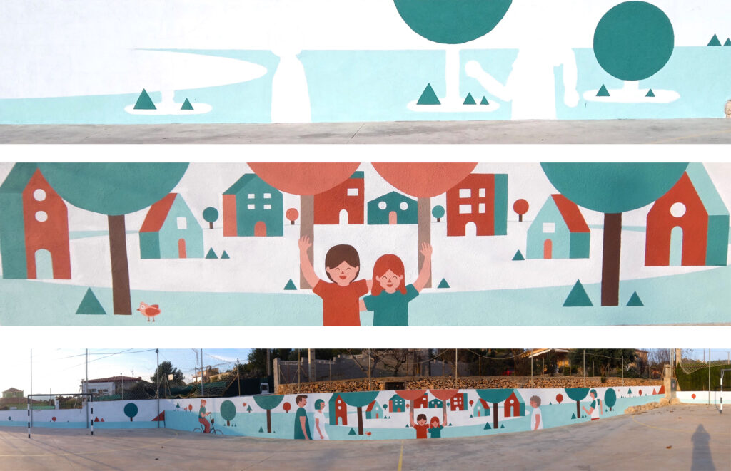 Colorful mural of children and houses in park