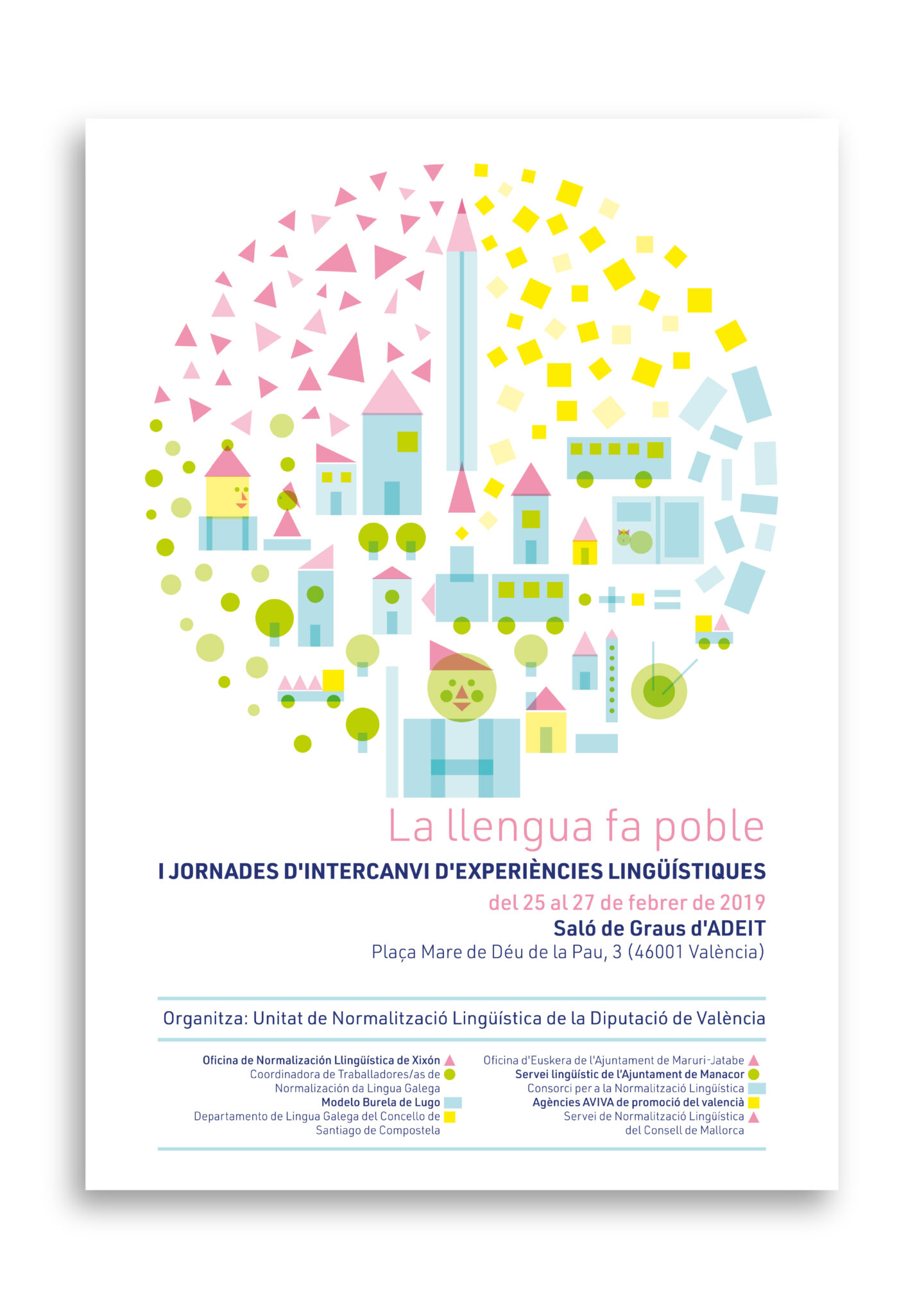 Colorful brain-shaped town illustration conference poster
