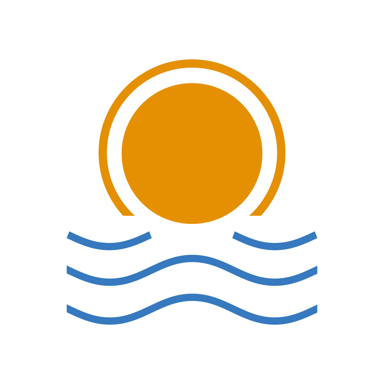 Stylized orange sun above blue ocean waves