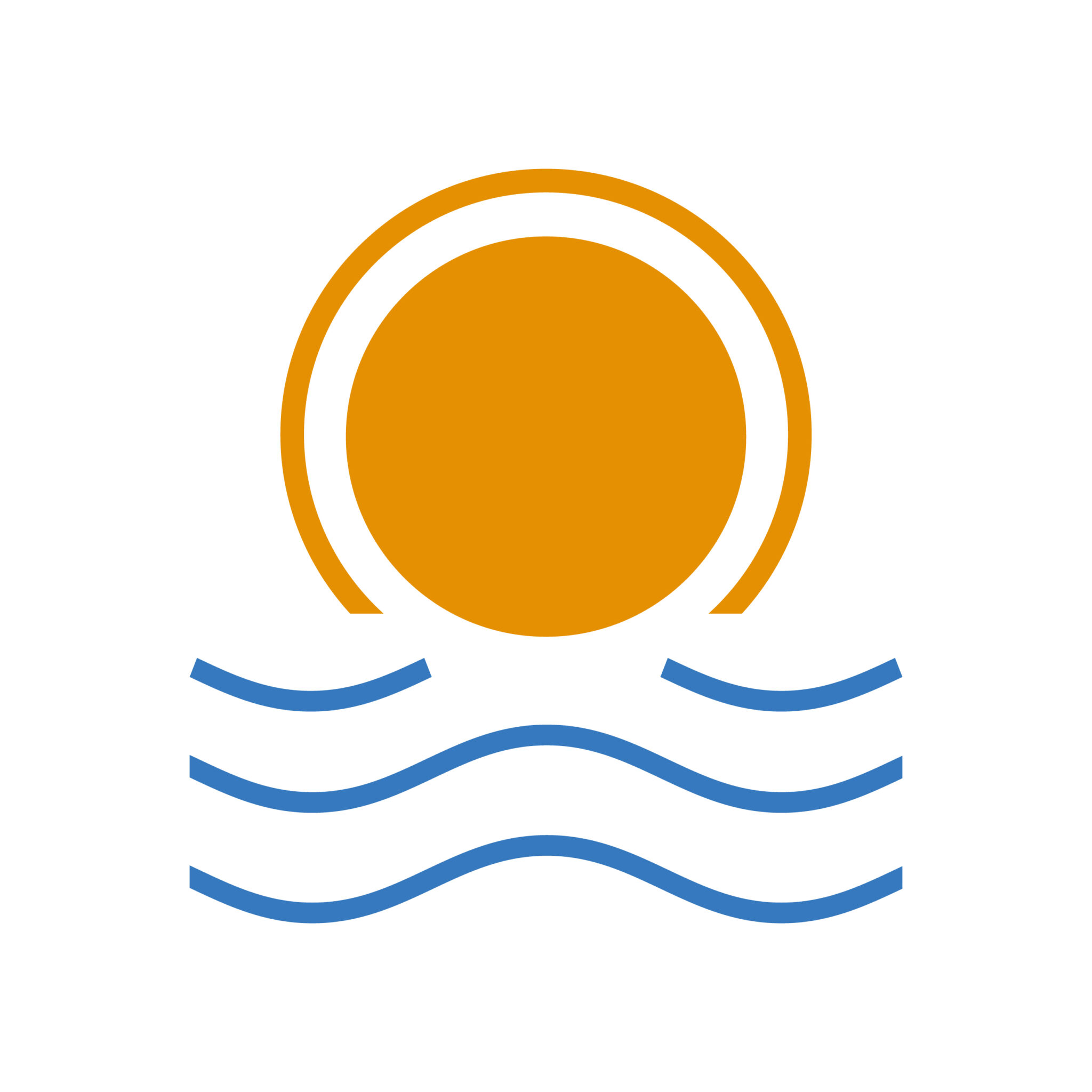 Stylized orange sun above blue ocean waves