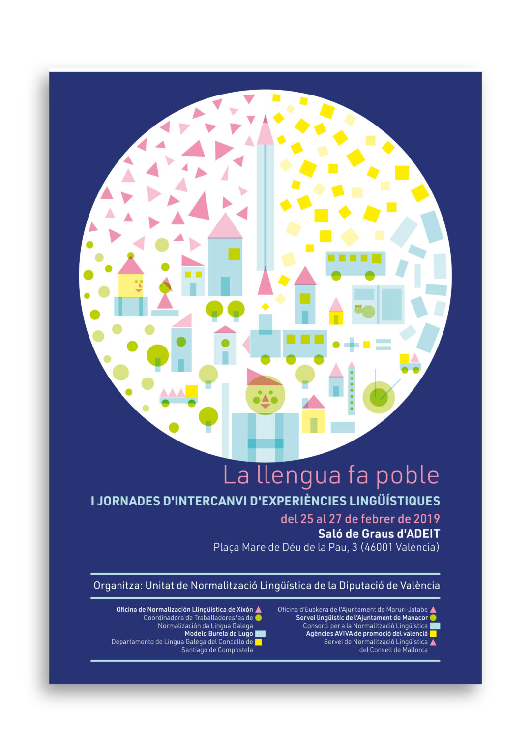 Colorful geometric cityscape poster for linguistic exchange event