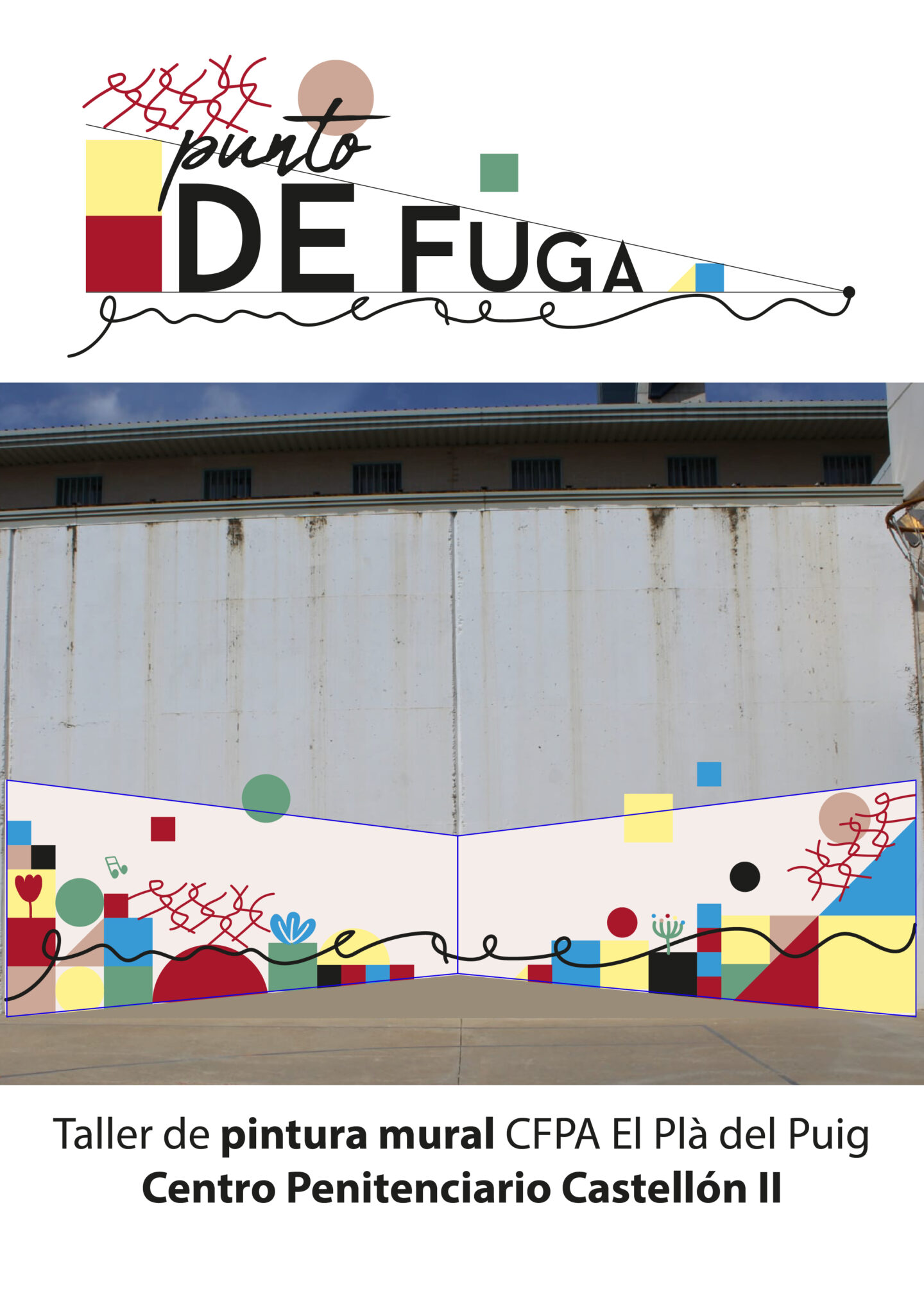 Colorful geometric mural design on prison wall