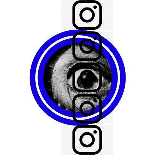 Black and white eye with Instagram logos overlay