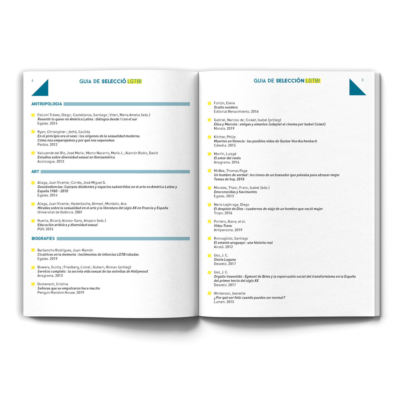 Open book showing LGTBI selection guide listings