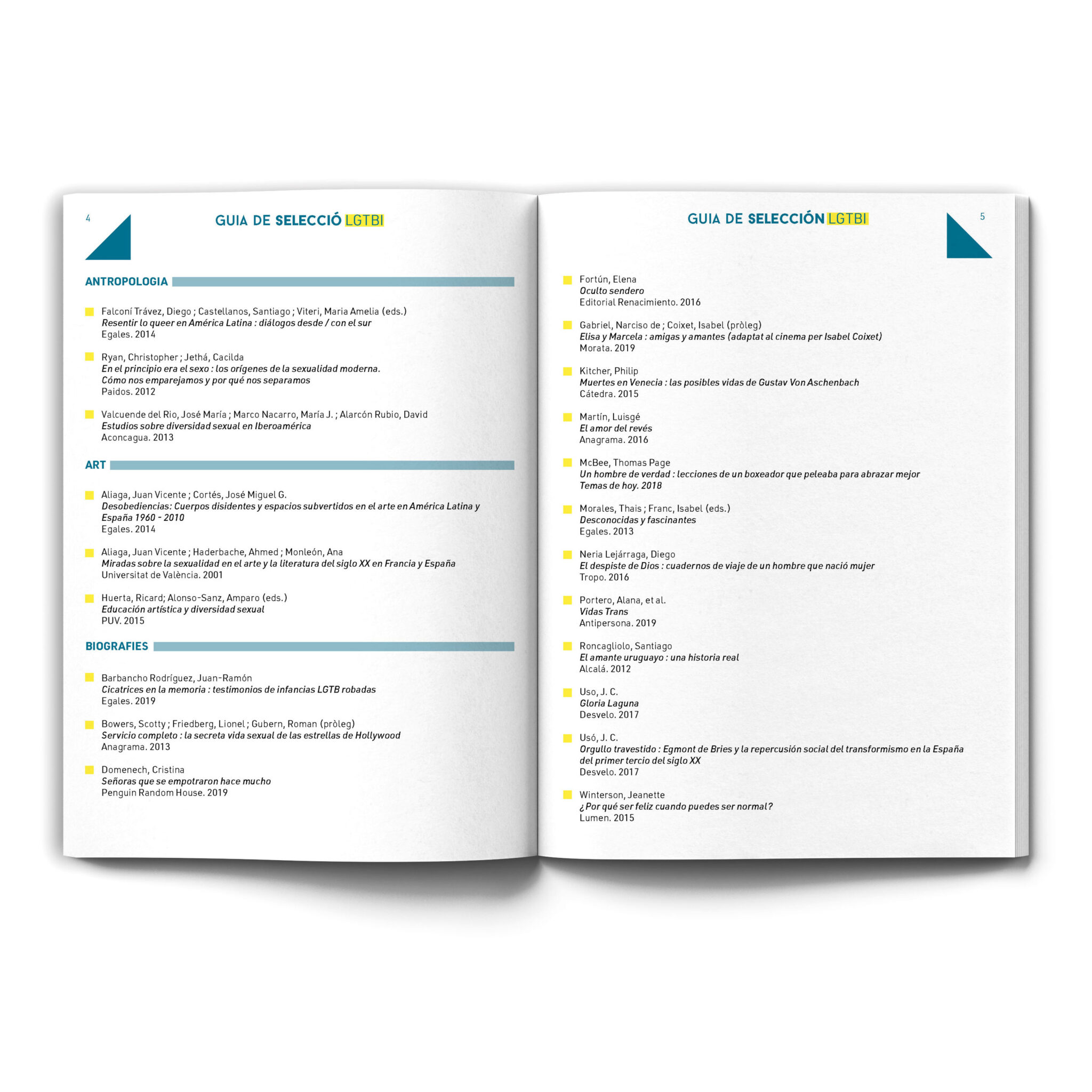 Open book showing LGTBI selection guide listings