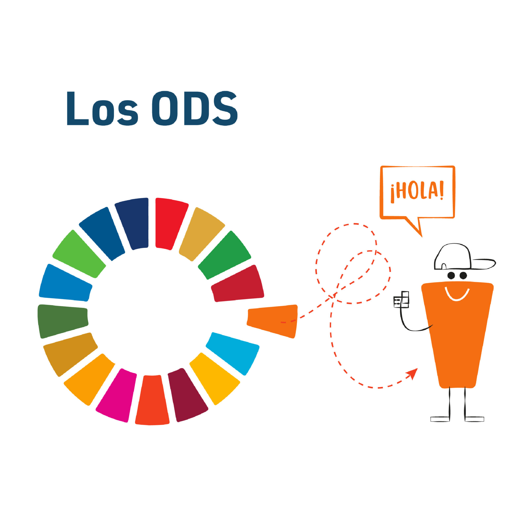 Los ODS text with SDG wheel and cartoon figure