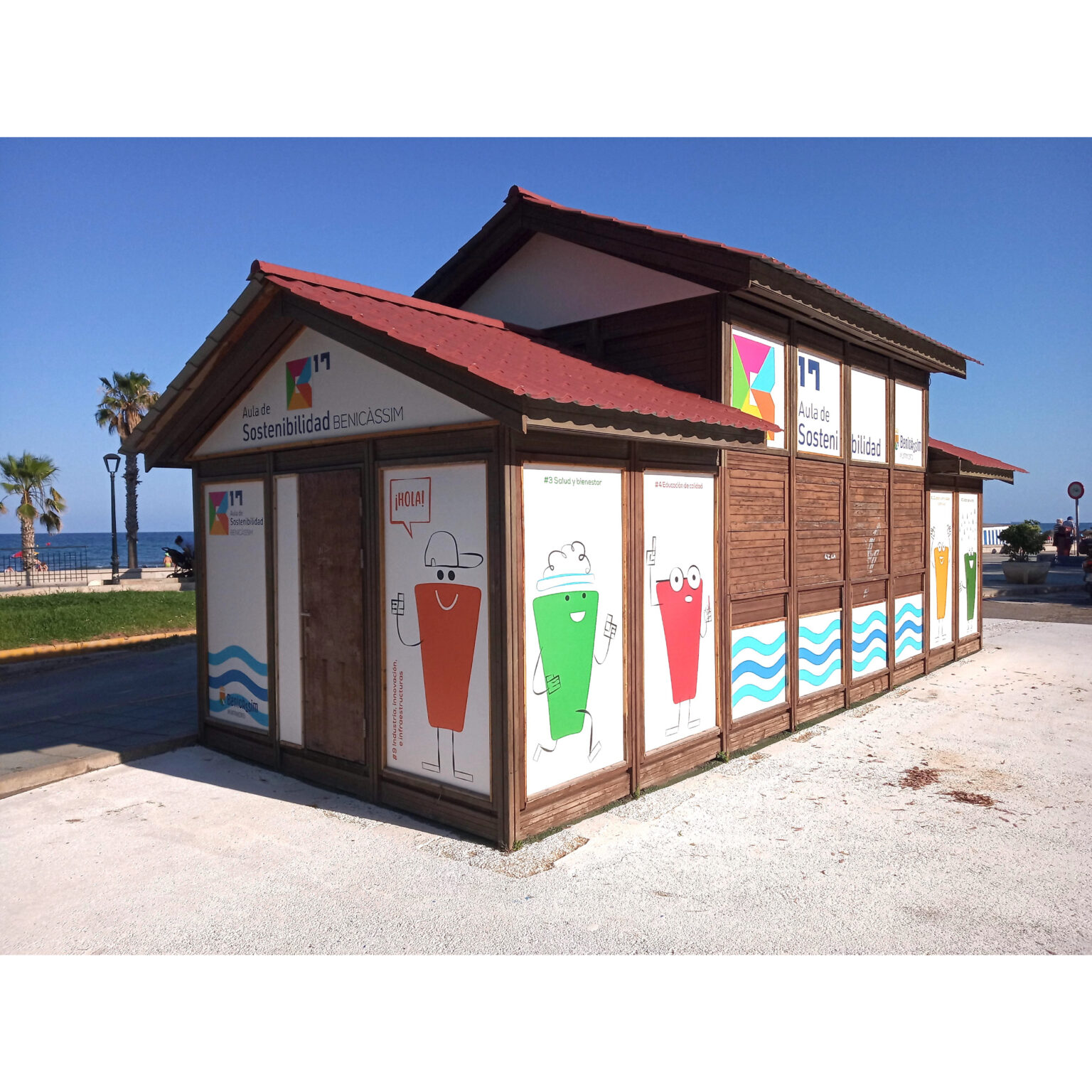 Wooden sustainability kiosk near beach in Benicassim