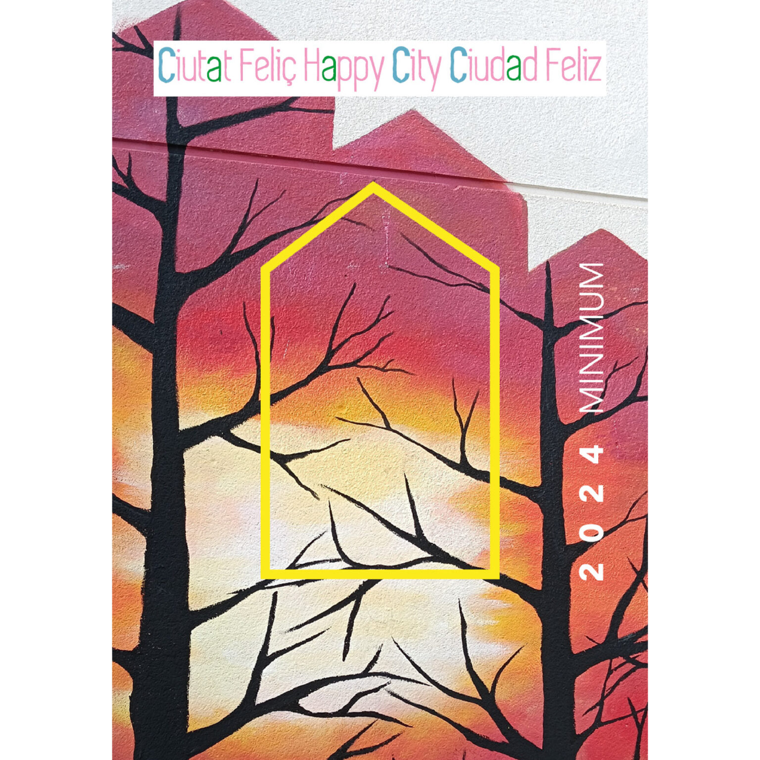 Colorful sunset mural with tree silhouettes and text