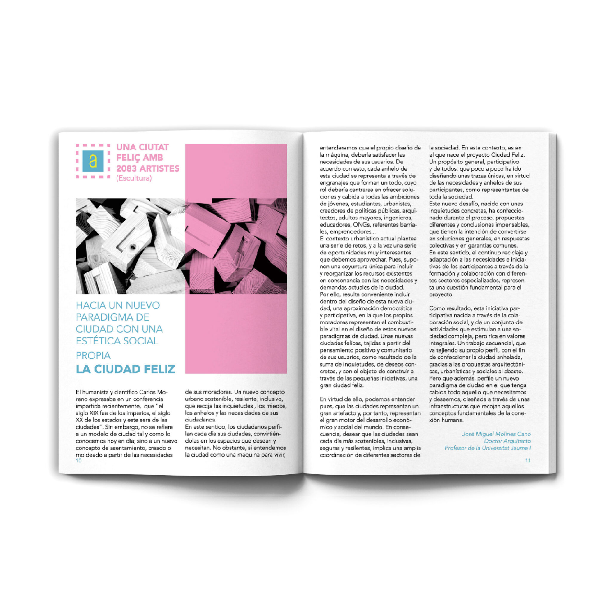 Open magazine spread about happy city urban design
