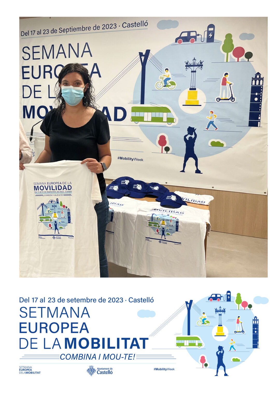 Masked woman holding T-shirt at Mobility Week poster