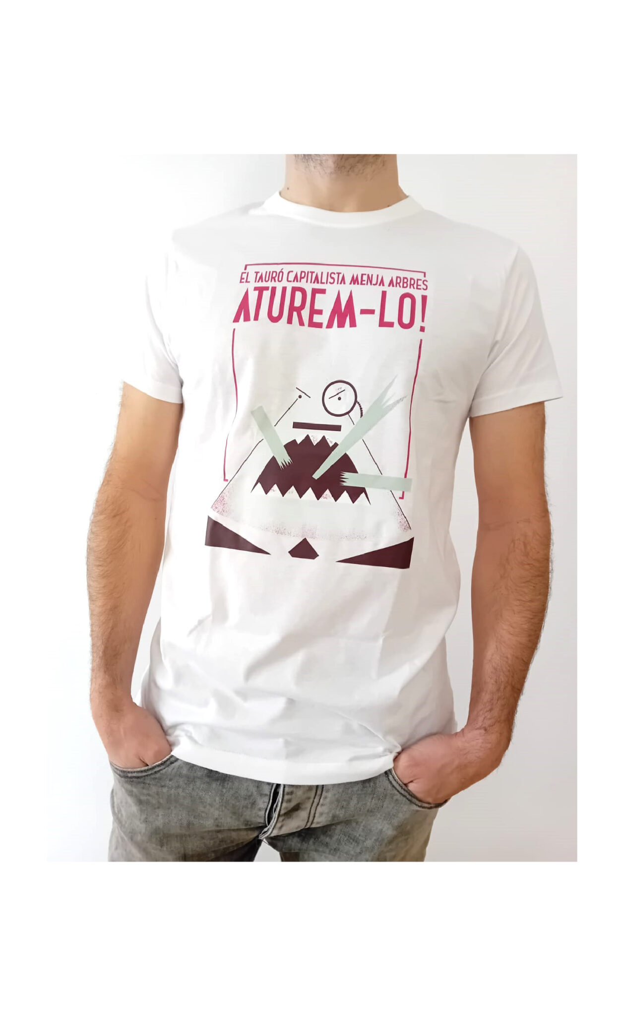 Man wearing white protest graphic T-shirt