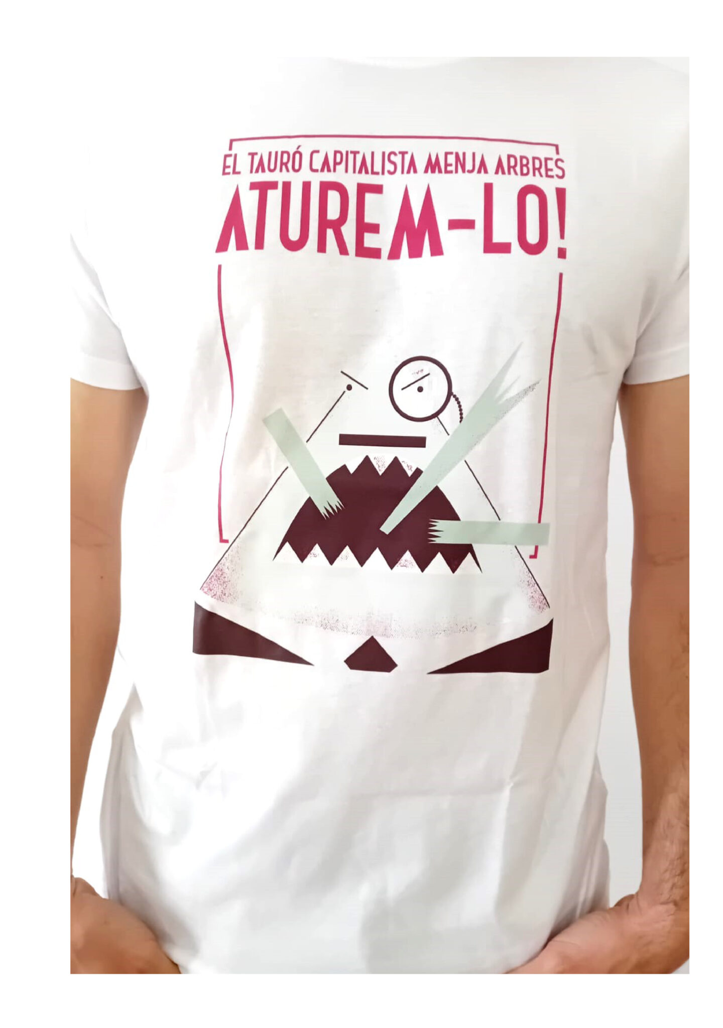 White T-shirt with anti-capitalist shark graphic text