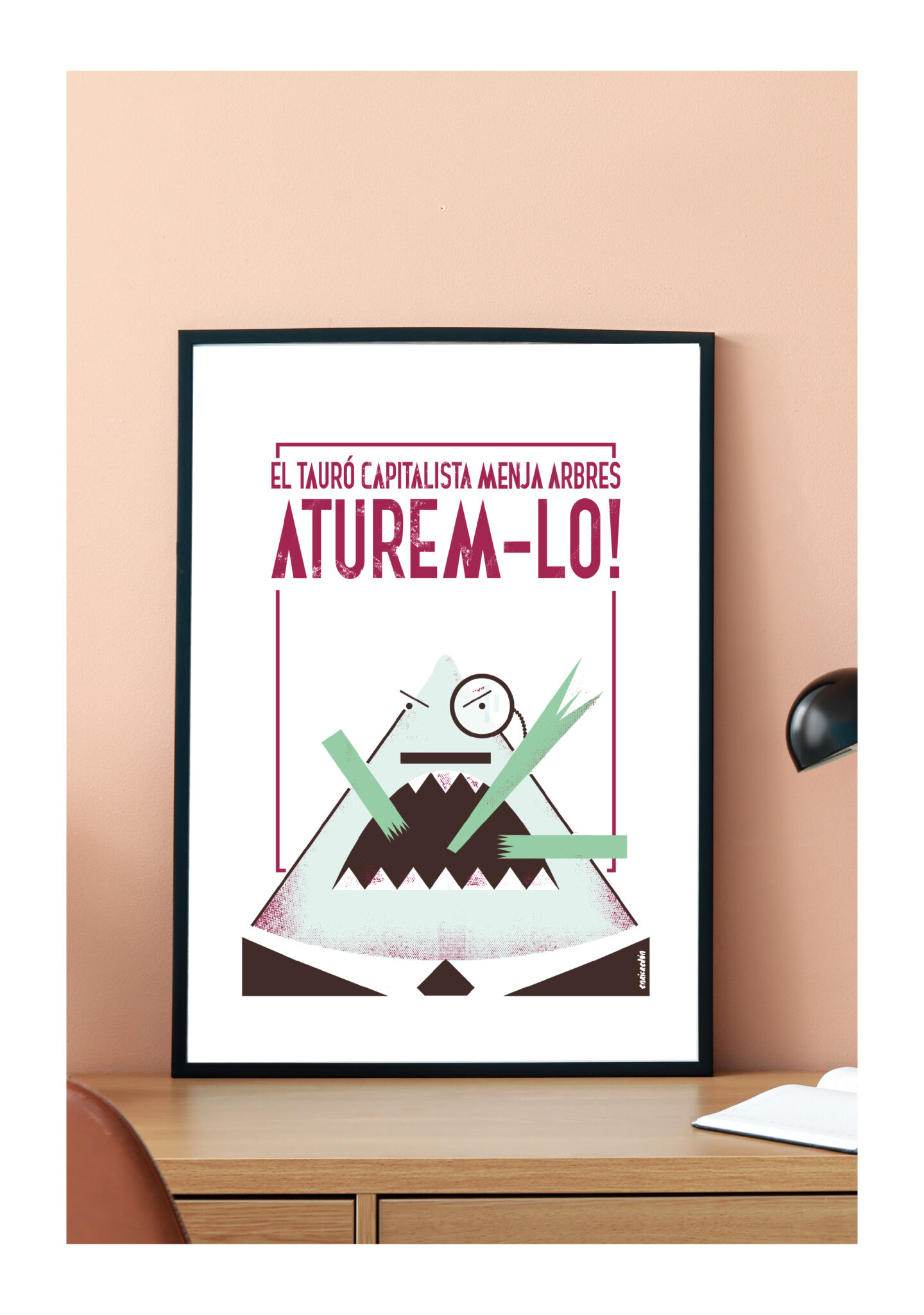 Framed poster with anti-capitalist shark illustration