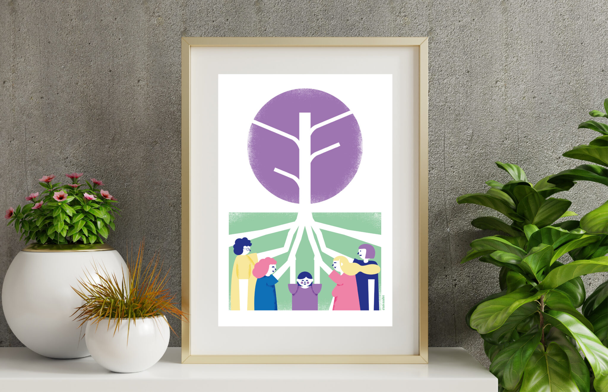 Framed illustration of tree with family figures roots
