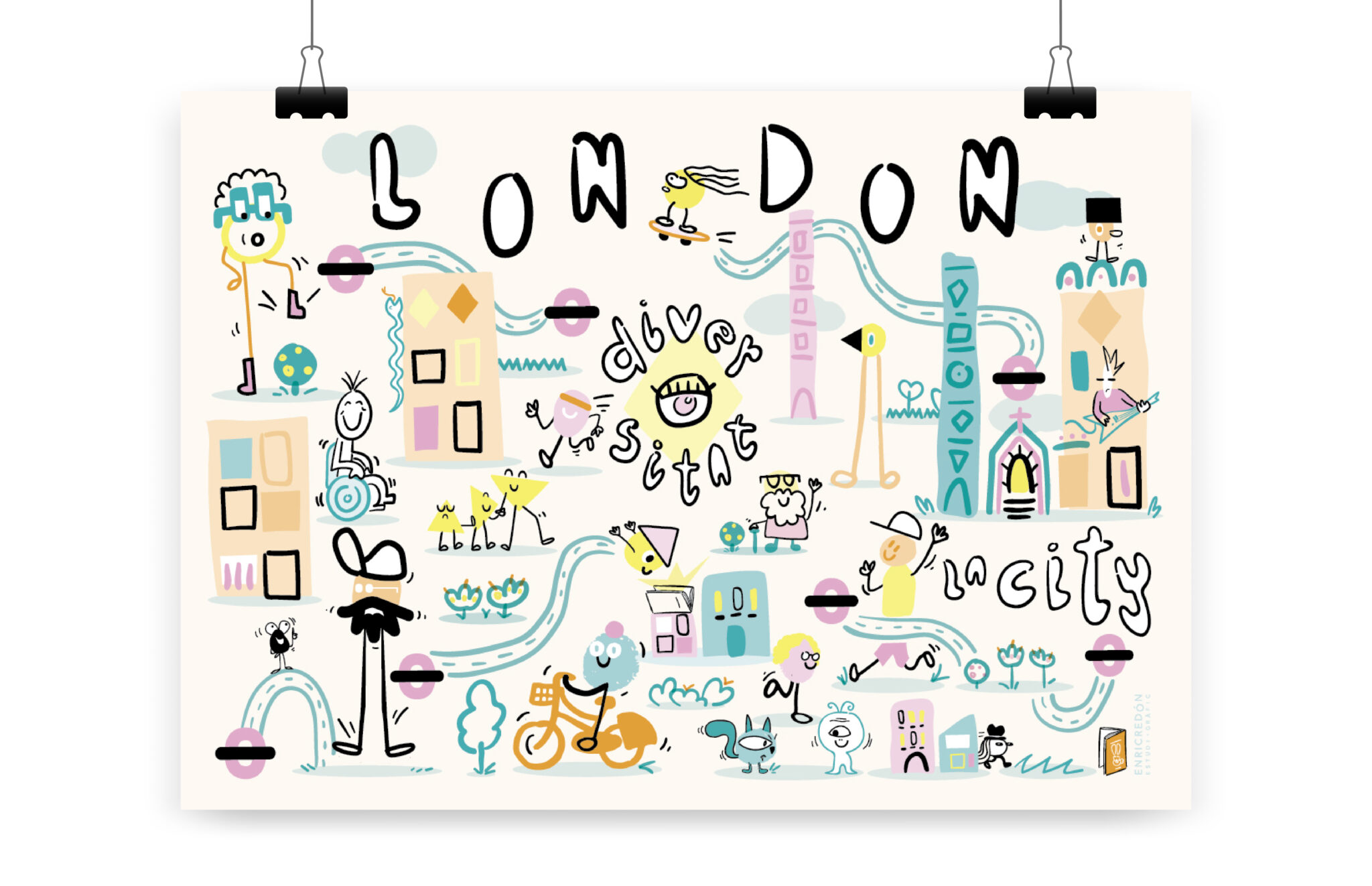 Playful illustrated London cityscape celebrating diversity