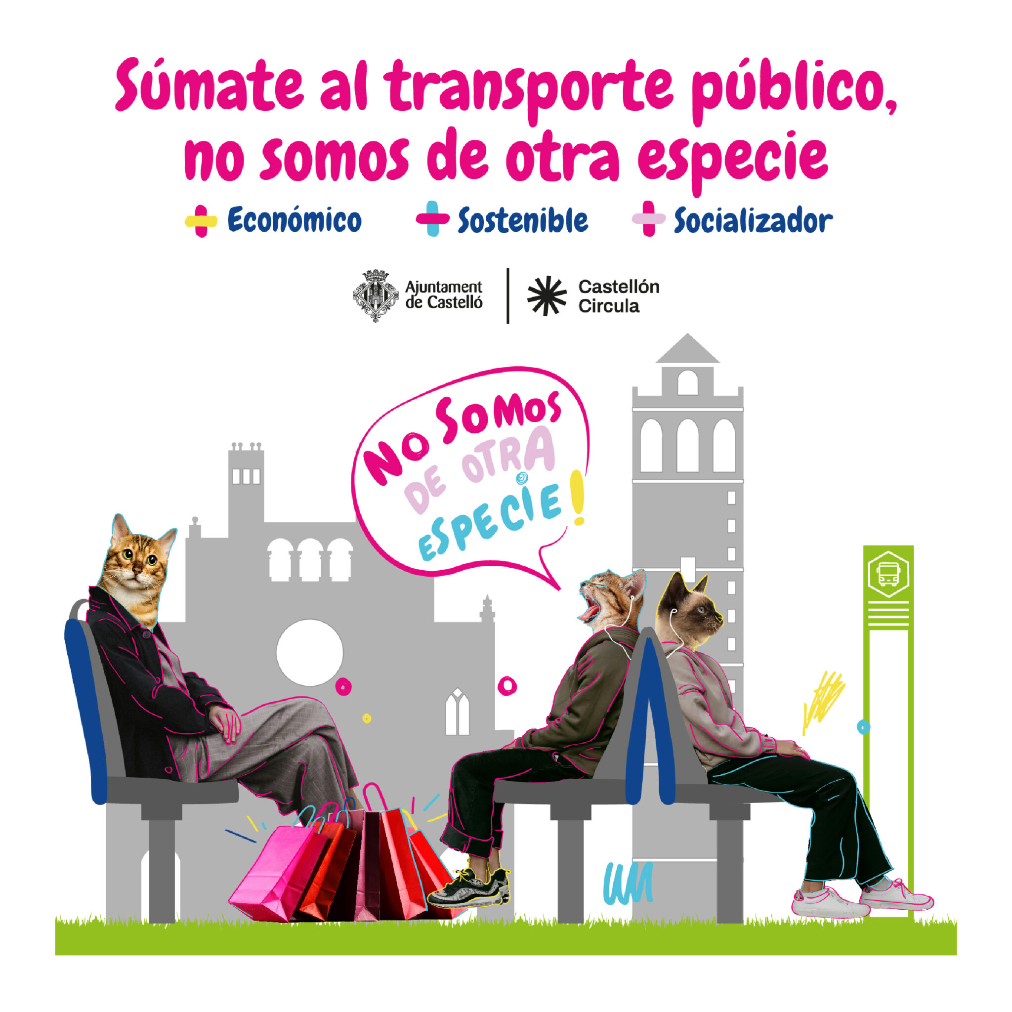 Public transport campaign with cat-headed passengers poster