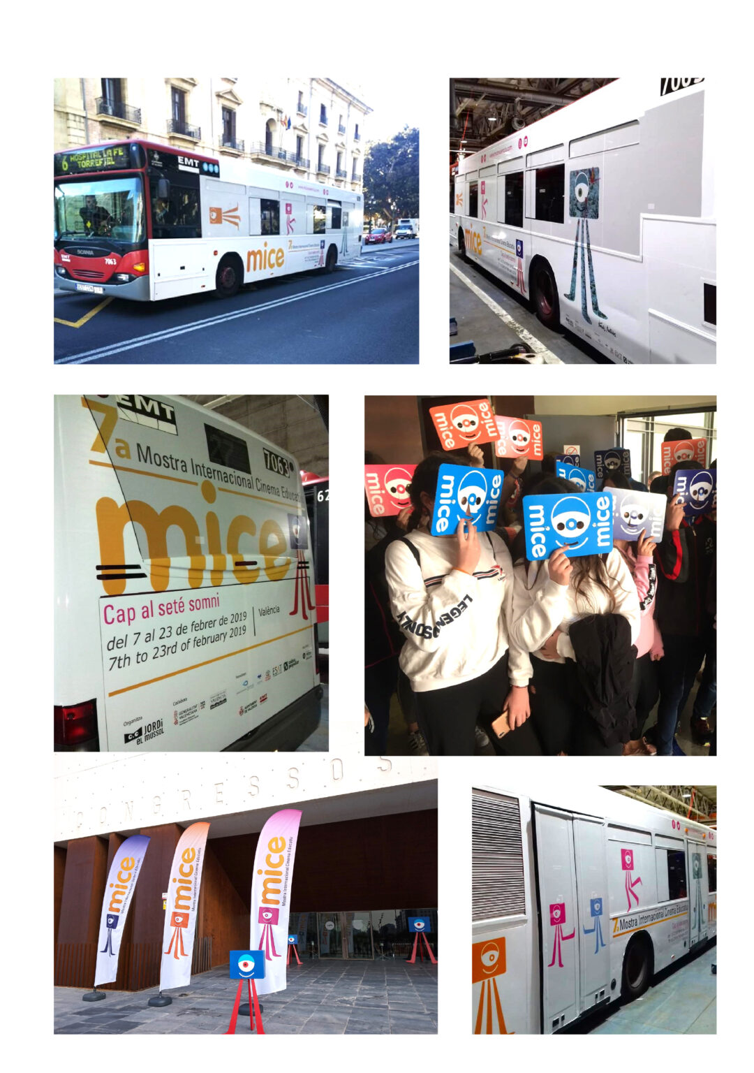 MICE film festival bus and children holding signs