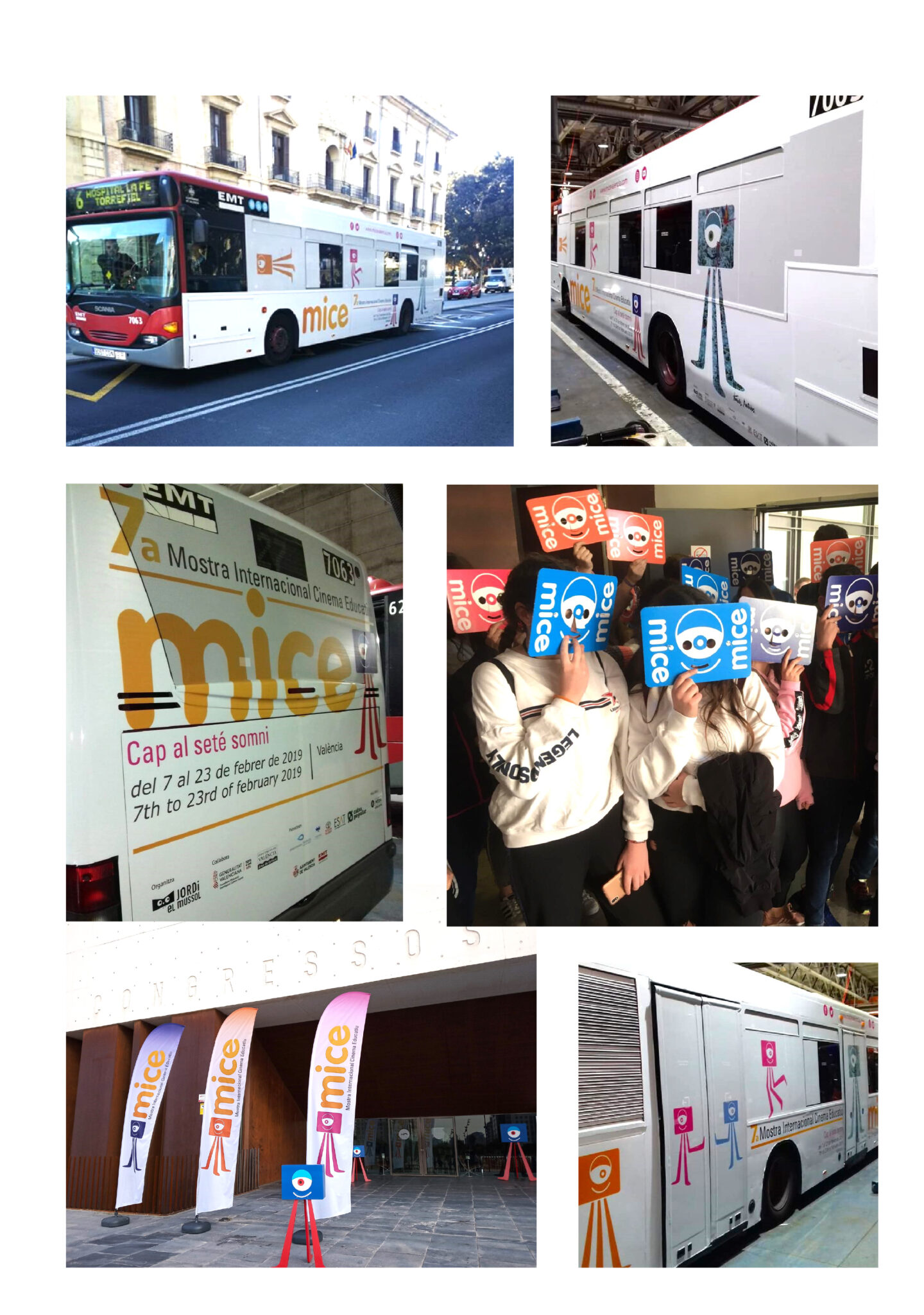 MICE film festival bus and children holding signs